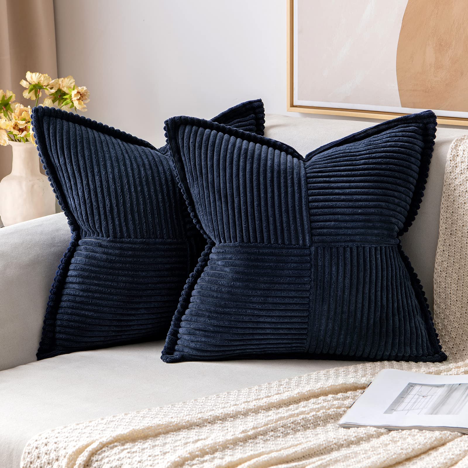 MIULEE Decorative Throw Pillow Covers for Couch Bed Livingroom 20x20 Inch Set of 2 Beige Boho Accent Throw Pllows Broadside Striped Patchwork Soft Corduroy Pillowcases