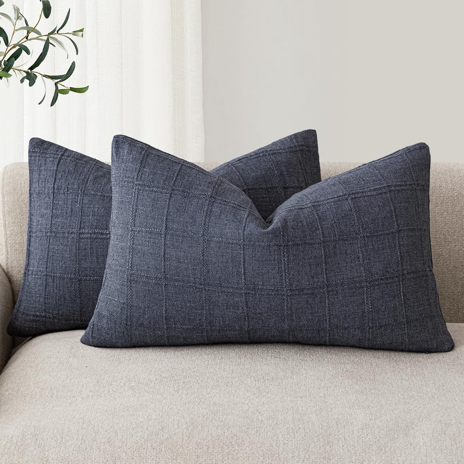Foindtower Set of 2 Decorative Linen Check Throw Pillow Covers Neutral Farmhouse Vintage Cushion Covers Modern Boho Home Decor for Sofa Chair Couch Bedroom Living Room,18×18 Inch,Natural Beige