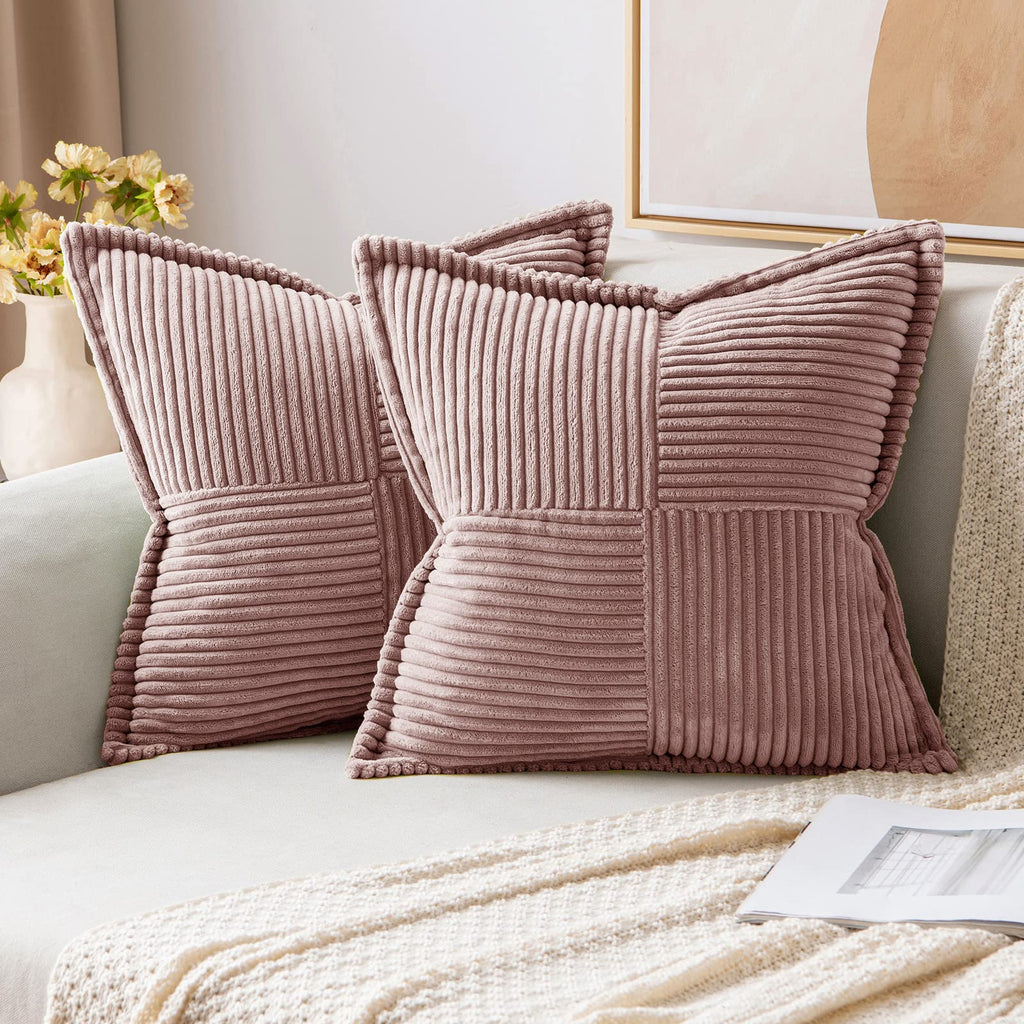 MIULEE Decorative Throw Pillow Covers for Couch Bed Livingroom 20x20 Inch Set of 2 Beige Boho Accent Throw Pllows Broadside Striped Patchwork Soft Corduroy Pillowcases