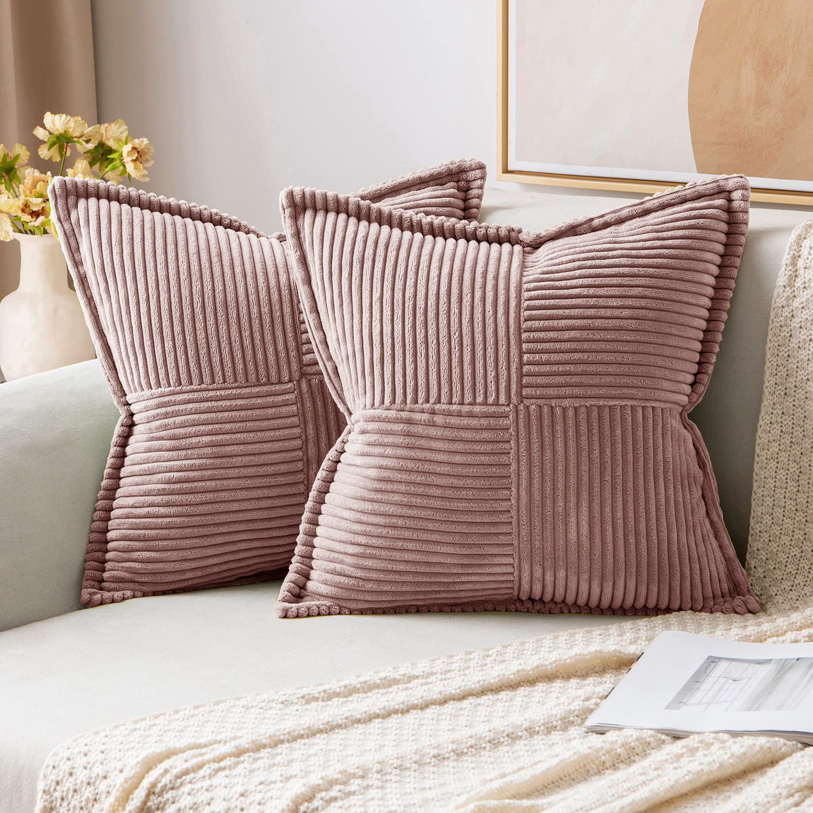 MIULEE Decorative Throw Pillow Covers for Couch Bed Livingroom 20x20 Inch Set of 2 Beige Boho Accent Throw Pllows Broadside Striped Patchwork Soft Corduroy Pillowcases