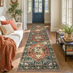 Yamaziot Washable Runner Rug, 2x8 Non-Slip Boho Vintage Hallway Rug Runner with Rubber Backing, Stain Resistant & Low Pile Faux Wool Distressed Carpet Runner for Bedroom, Kitchen, Laundry, Entrance