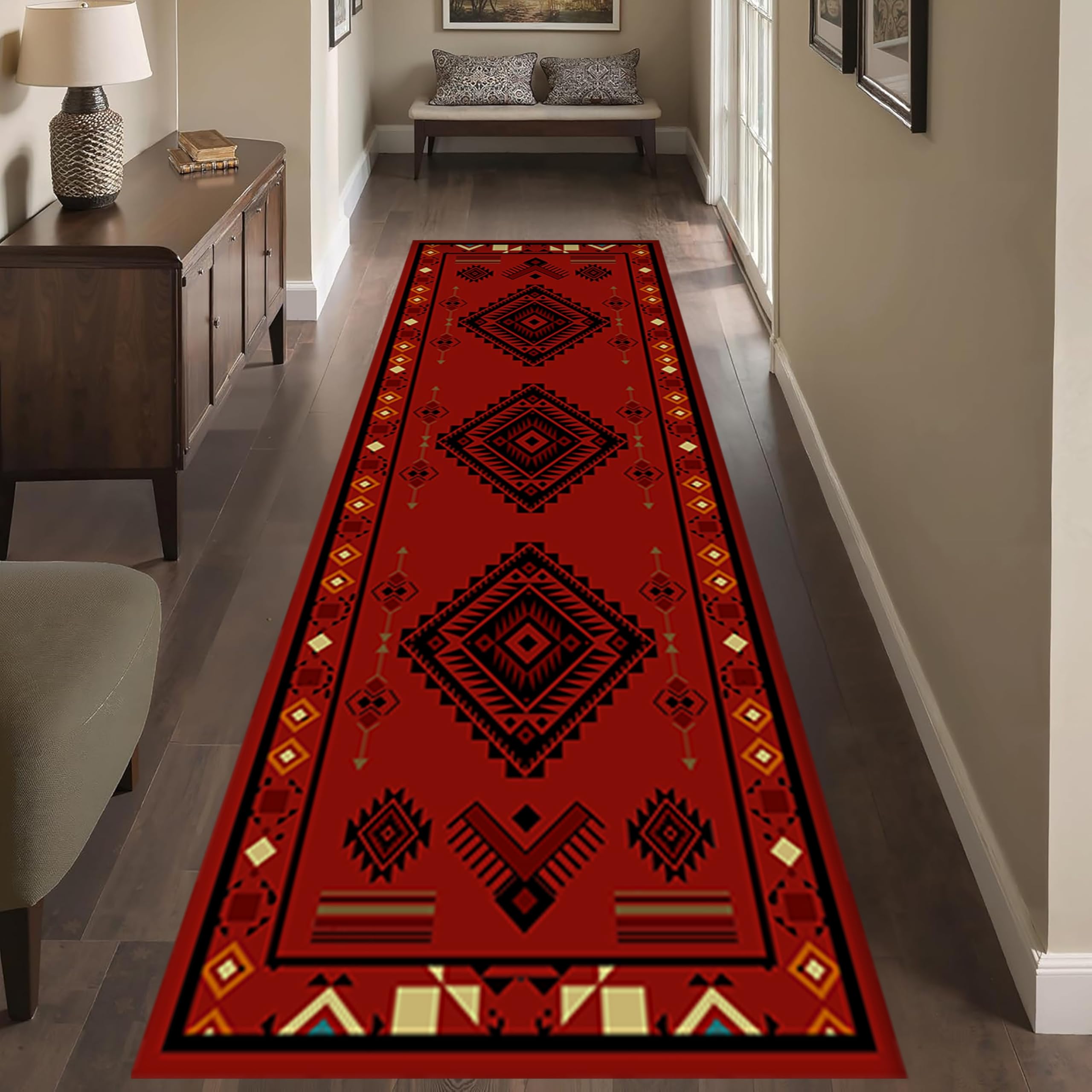 Southwestern Tribal Runner Rug, 2x6ft, Native American Ethnic Pattern Print Distressed Aztec Retro Throw Rugs, Cozy Reduce Noise Western Decor Rugs for Living Room Bedroom