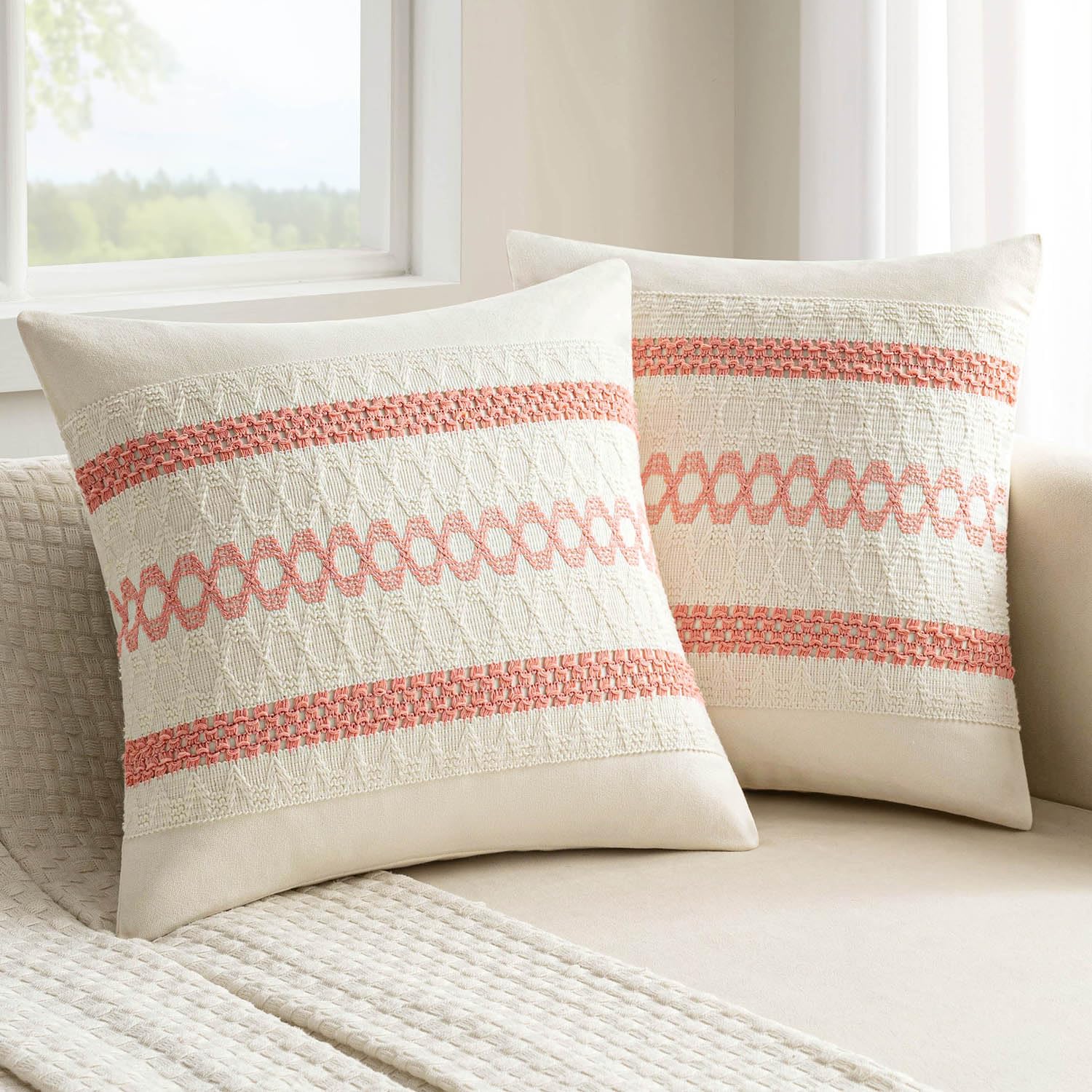 Set of 2 18x18 Inch Sage Green Macrame Woven Boho Farmhouse Pillow Covers Retro Cotton Cushion Cases for Sofa Bed Chair Summer Spring Decor