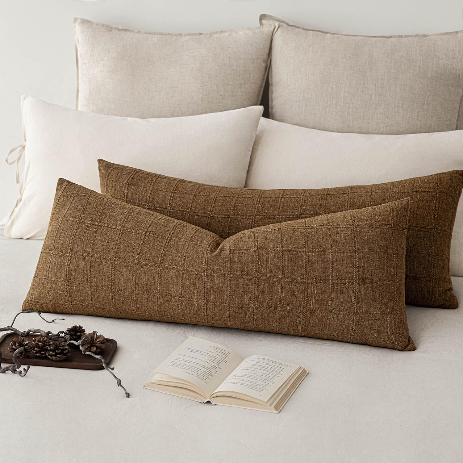 Foindtower Set of 2 Decorative Linen Check Throw Pillow Covers Neutral Farmhouse Vintage Cushion Covers Modern Boho Home Decor for Sofa Chair Couch Bedroom Living Room,18×18 Inch,Natural Beige