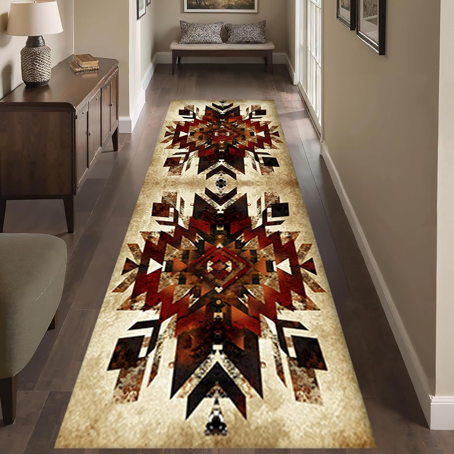 Southwestern Tribal Runner Rug, 2x6ft, Native American Ethnic Pattern Print Distressed Aztec Retro Throw Rugs, Cozy Reduce Noise Western Decor Rugs for Living Room Bedroom