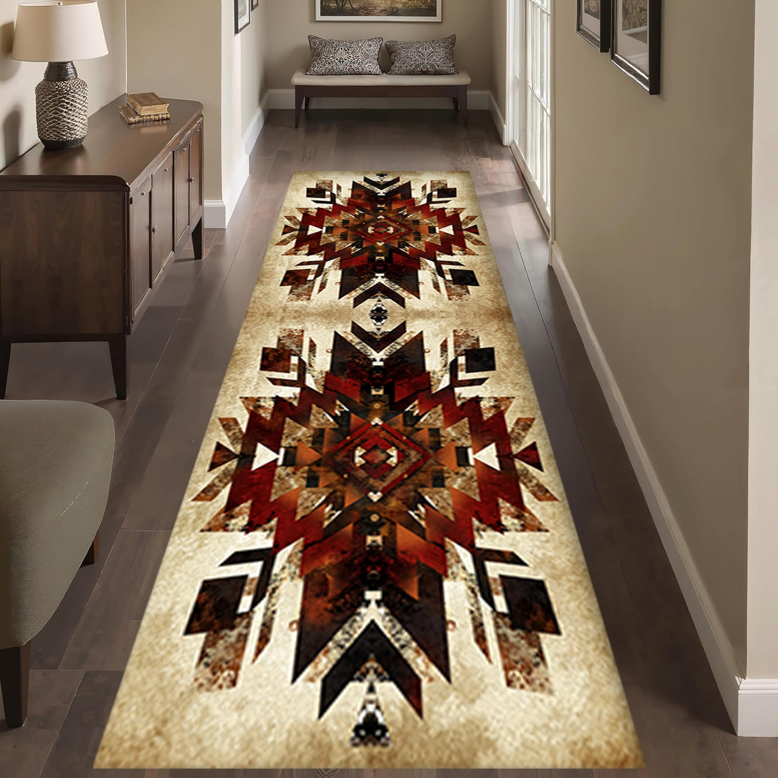 Southwestern Tribal Runner Rug, 2x6ft, Native American Ethnic Pattern Print Distressed Aztec Retro Throw Rugs, Cozy Reduce Noise Western Decor Rugs for Living Room Bedroom
