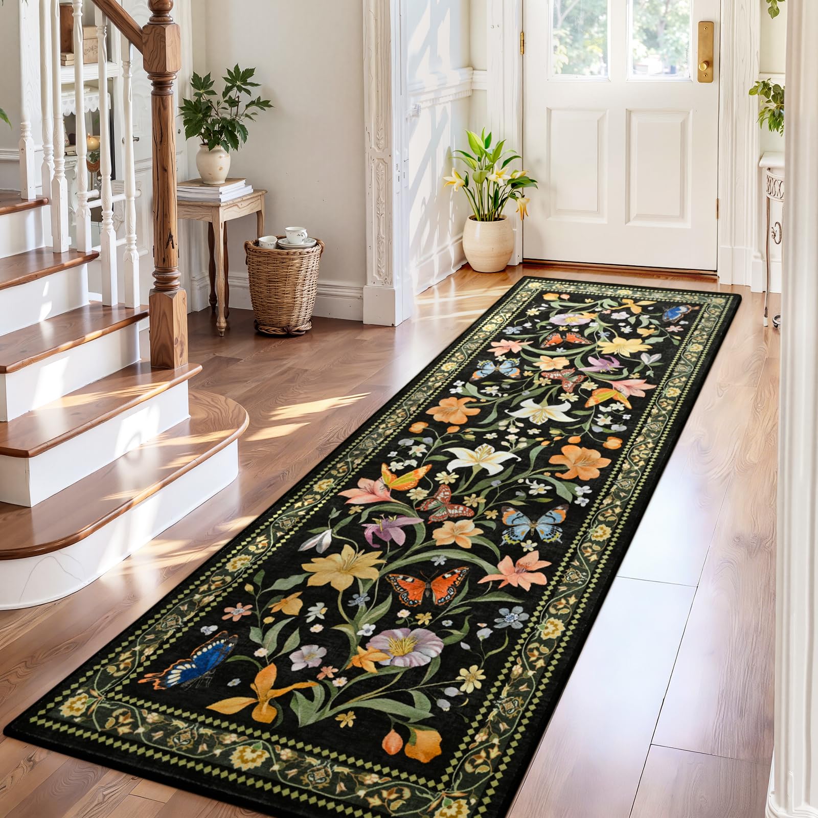 2x6 Washable Runners for Hallways Non Slip, Black Floral Kitchen Runner Rug with Rubber Backing, Vintage Carpet Runner for Entryway, Kitchen, Laundry, Bedroom, Bathroom