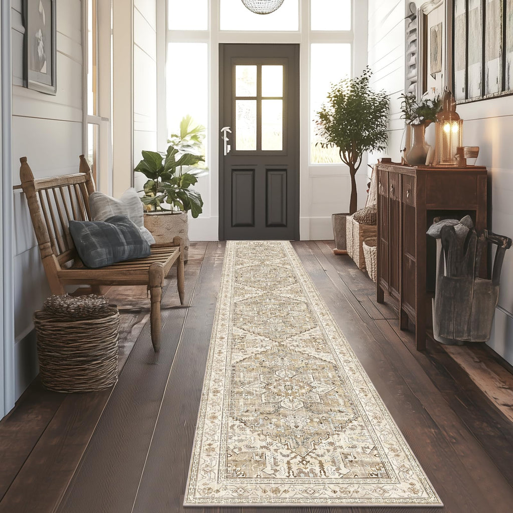 Yamaziot Washable Runner Rug, 2x8 Non-Slip Boho Vintage Hallway Rug Runner with Rubber Backing, Stain Resistant & Low Pile Faux Wool Distressed Carpet Runner for Bedroom, Kitchen, Laundry, Entrance