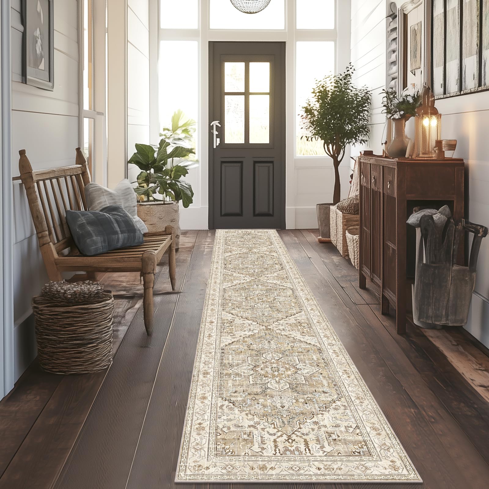Yamaziot Washable Runner Rug, 2x8 Non-Slip Boho Vintage Hallway Rug Runner with Rubber Backing, Stain Resistant & Low Pile Faux Wool Distressed Carpet Runner for Bedroom, Kitchen, Laundry, Entrance