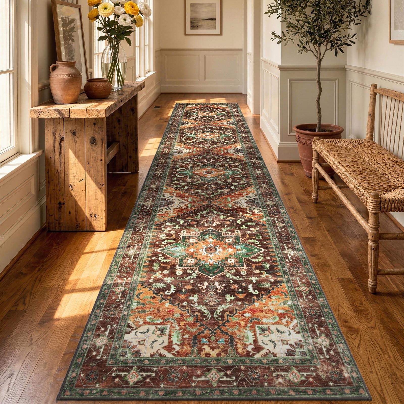 Yamaziot Washable Runner Rug, 2x8 Non-Slip Boho Vintage Hallway Rug Runner with Rubber Backing, Stain Resistant & Low Pile Faux Wool Distressed Carpet Runner for Bedroom, Kitchen, Laundry, Entrance