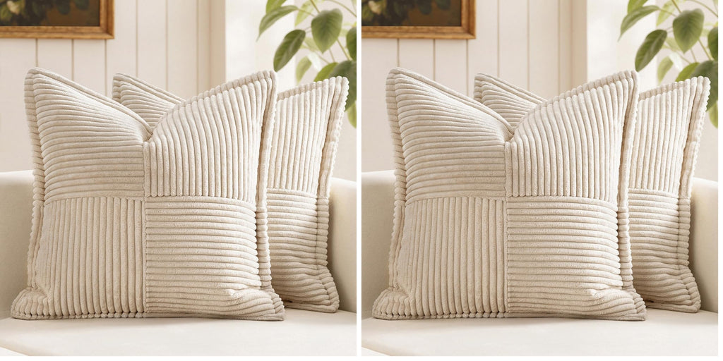 MIULEE Decorative Throw Pillow Covers for Couch Bed Livingroom 20x20 Inch Set of 2 Beige Boho Accent Throw Pllows Broadside Striped Patchwork Soft Corduroy Pillowcases