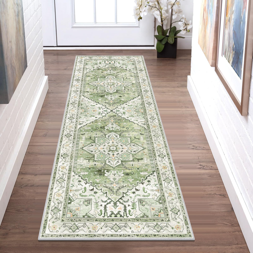 Yamaziot Washable Runner Rug, 2x8 Non-Slip Boho Vintage Hallway Rug Runner with Rubber Backing, Stain Resistant & Low Pile Faux Wool Distressed Carpet Runner for Bedroom, Kitchen, Laundry, Entrance