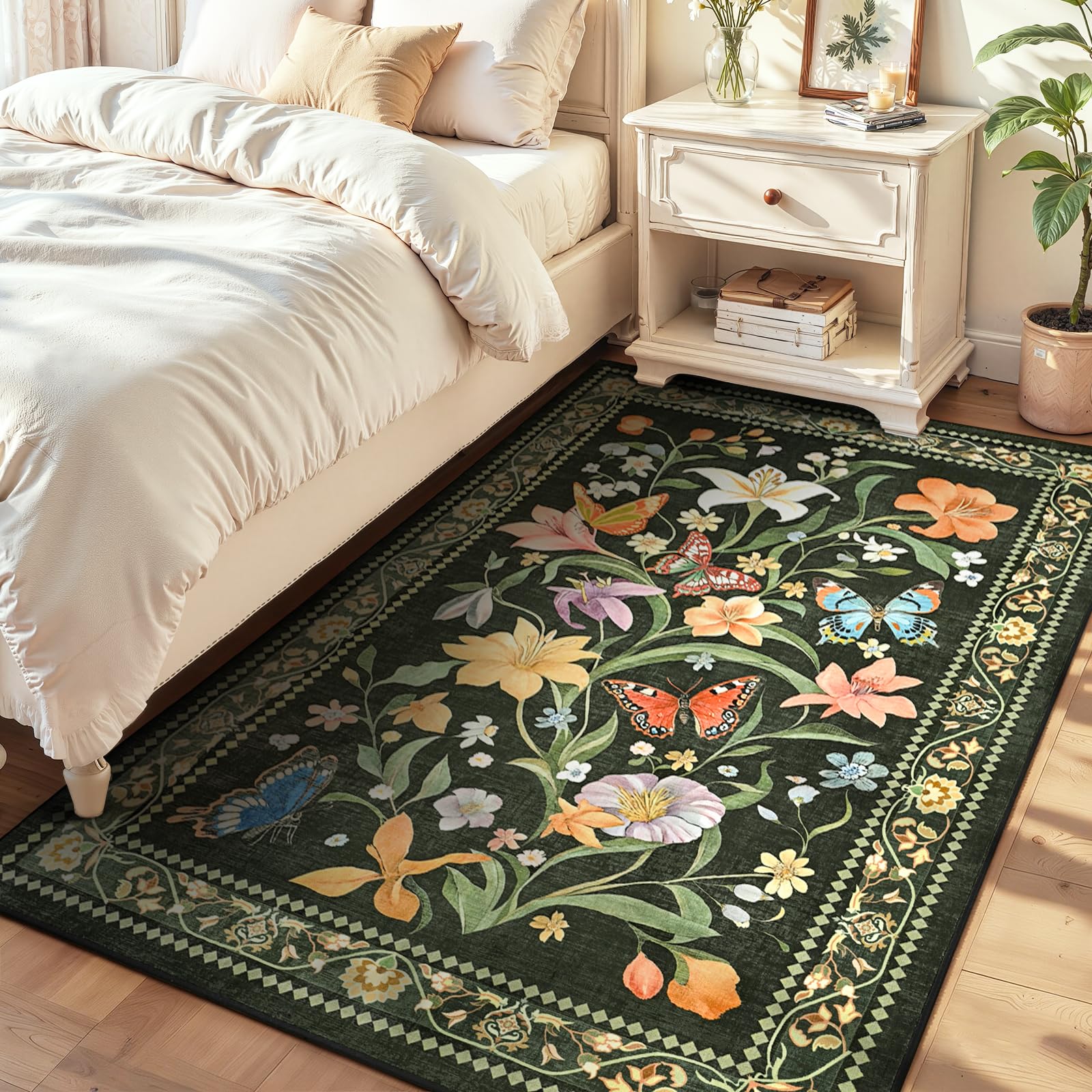 2x6 Washable Runners for Hallways Non Slip, Black Floral Kitchen Runner Rug with Rubber Backing, Vintage Carpet Runner for Entryway, Kitchen, Laundry, Bedroom, Bathroom