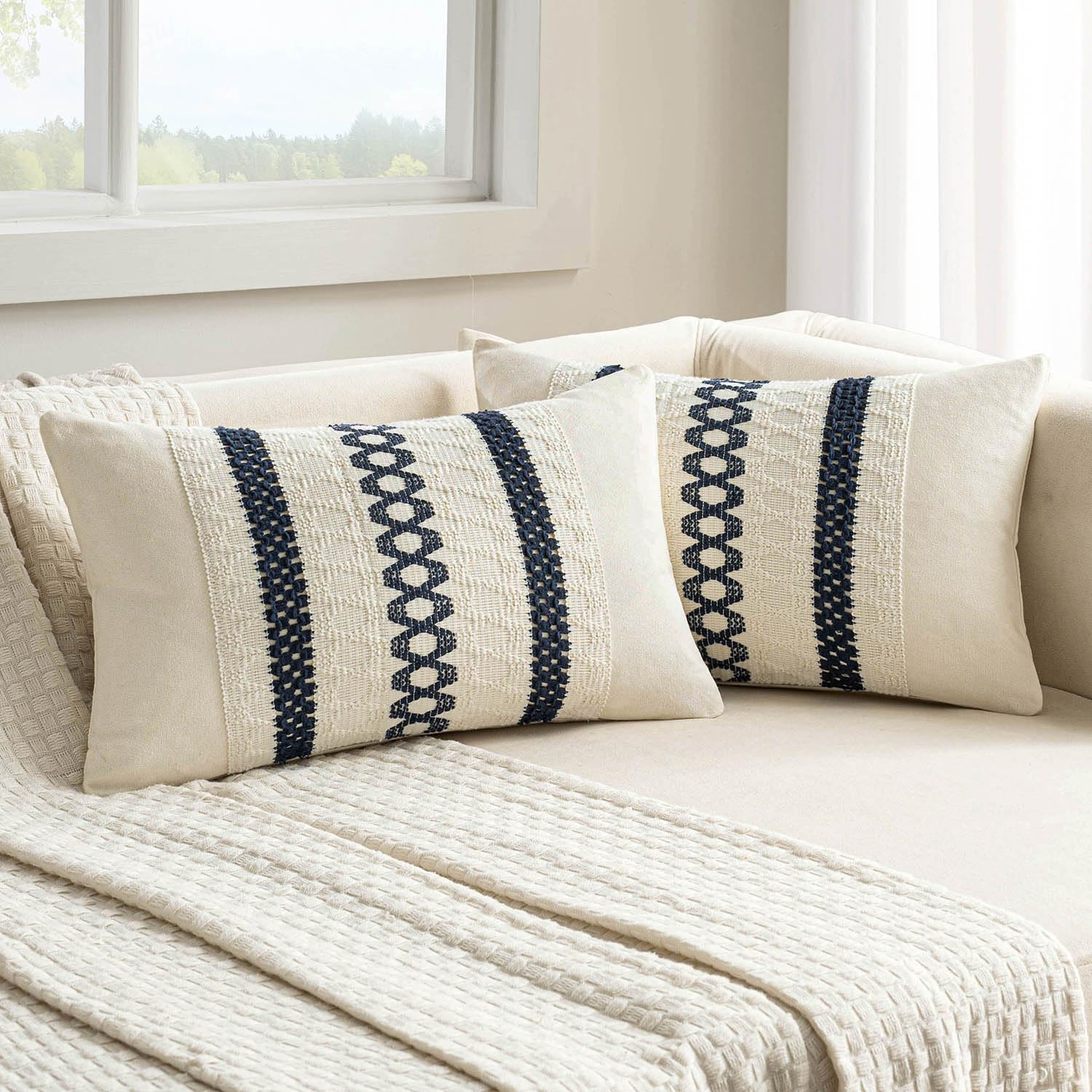 Set of 2 18x18 Inch Sage Green Macrame Woven Boho Farmhouse Pillow Covers Retro Cotton Cushion Cases for Sofa Bed Chair Summer Spring Decor