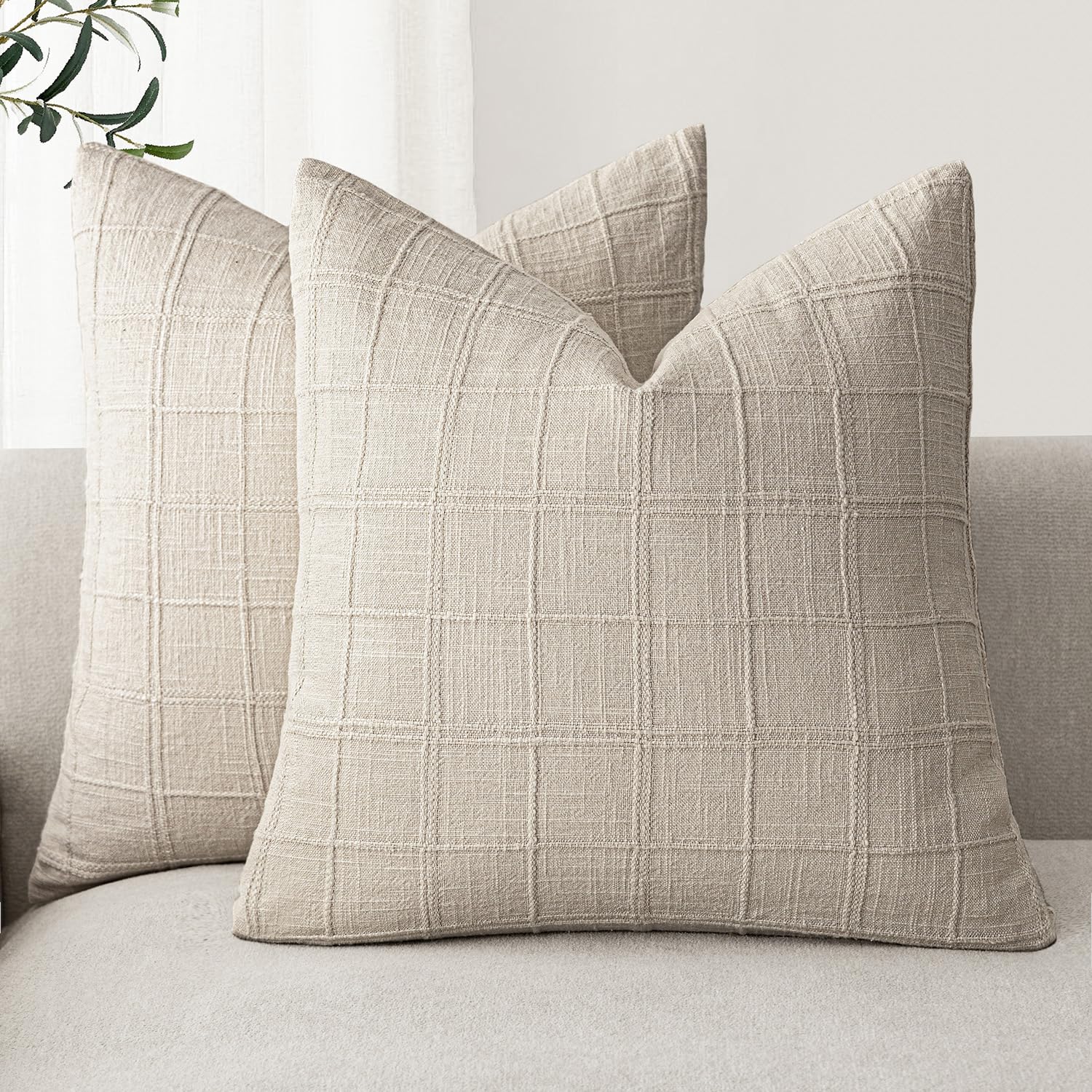 Foindtower Set of 2 Decorative Linen Check Throw Pillow Covers Neutral Farmhouse Vintage Cushion Covers Modern Boho Home Decor for Sofa Chair Couch Bedroom Living Room,18×18 Inch,Natural Beige