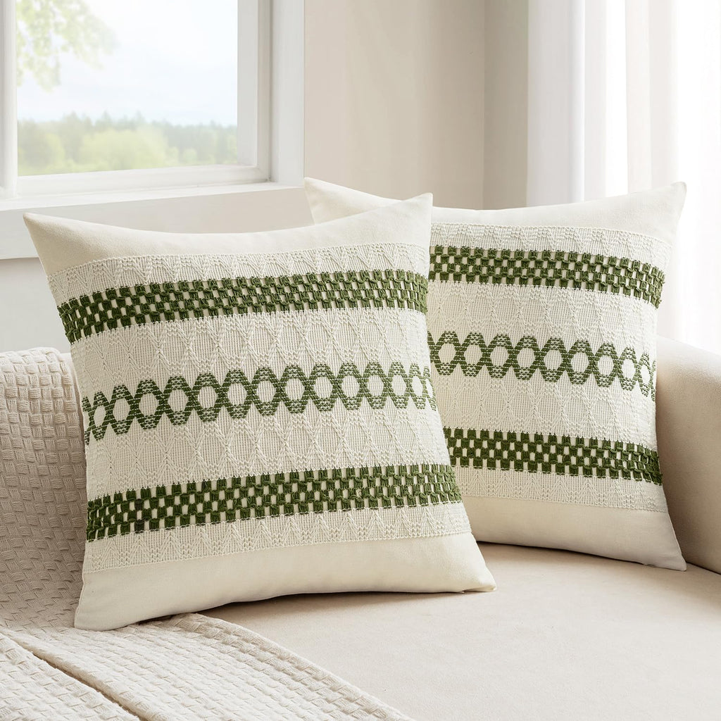 Set of 2 18x18 Inch Sage Green Macrame Woven Boho Farmhouse Pillow Covers Retro Cotton Cushion Cases for Sofa Bed Chair Summer Spring Decor