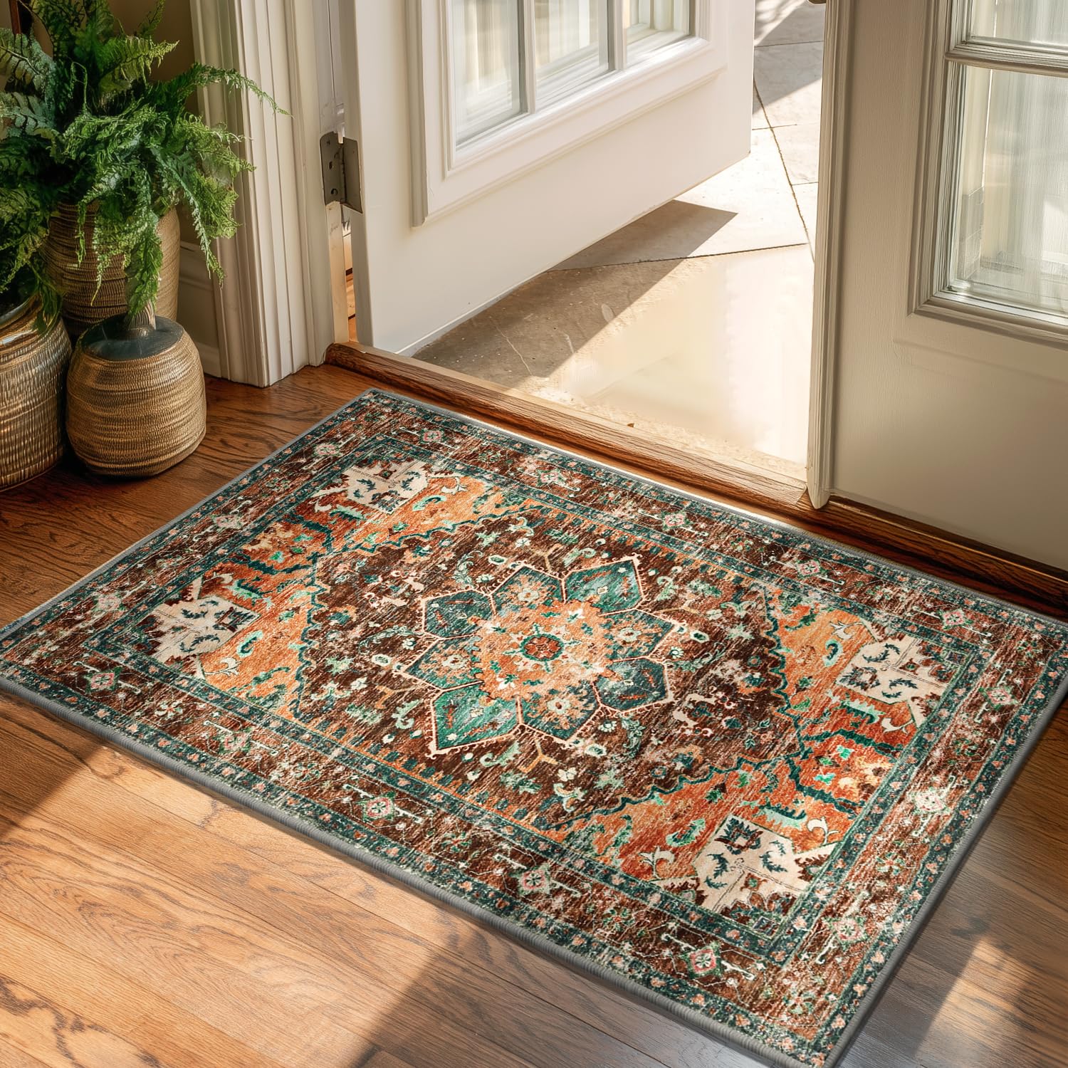 Yamaziot Washable Runner Rug, 2x8 Non-Slip Boho Vintage Hallway Rug Runner with Rubber Backing, Stain Resistant & Low Pile Faux Wool Distressed Carpet Runner for Bedroom, Kitchen, Laundry, Entrance