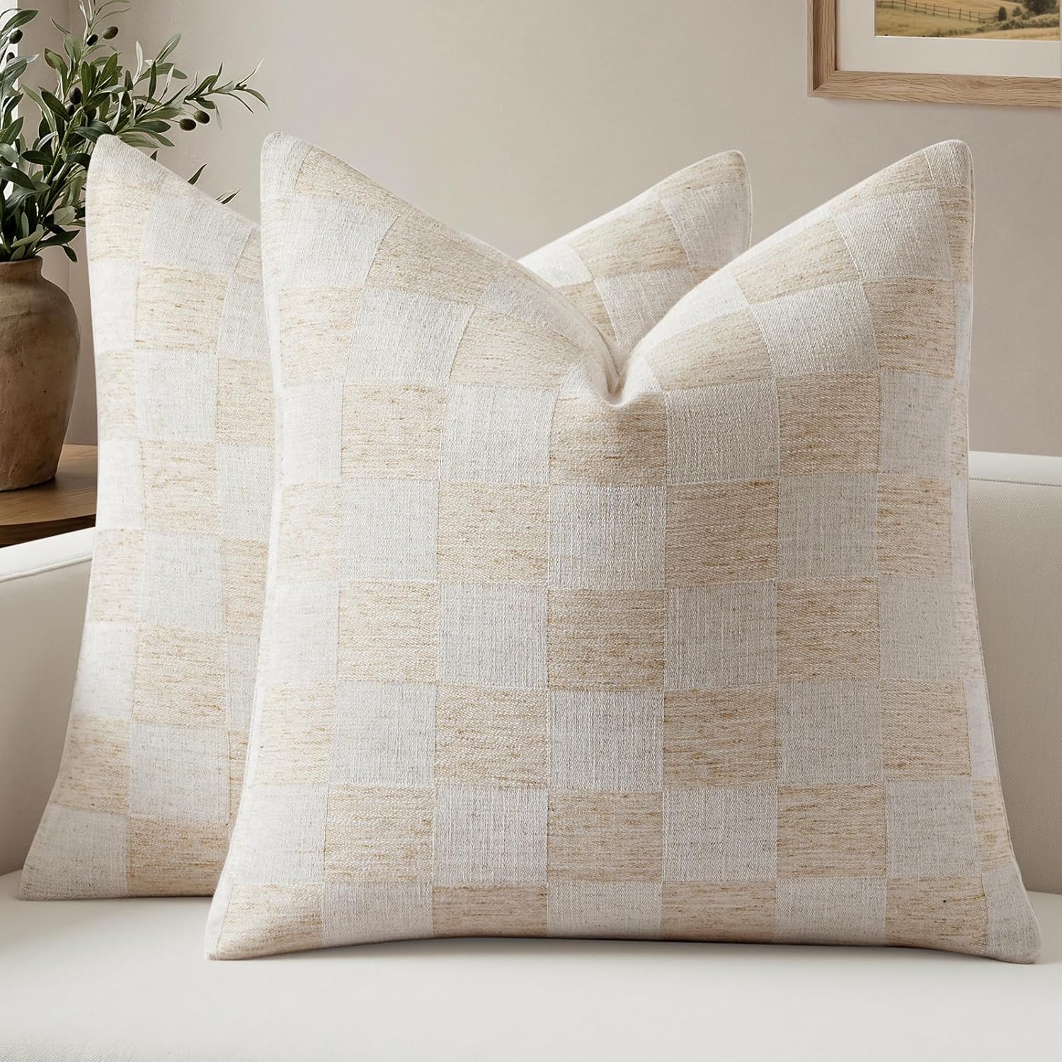 a moment Set of 2 Decorative Linen Throw Pillow Covers,Large Grid Textured Neutral Boho Farmhouse Cushion Covers,Soft Aesthetic Pillowcases for Couch Sofa Living Room Home Decor,20x20 Inch,Beige