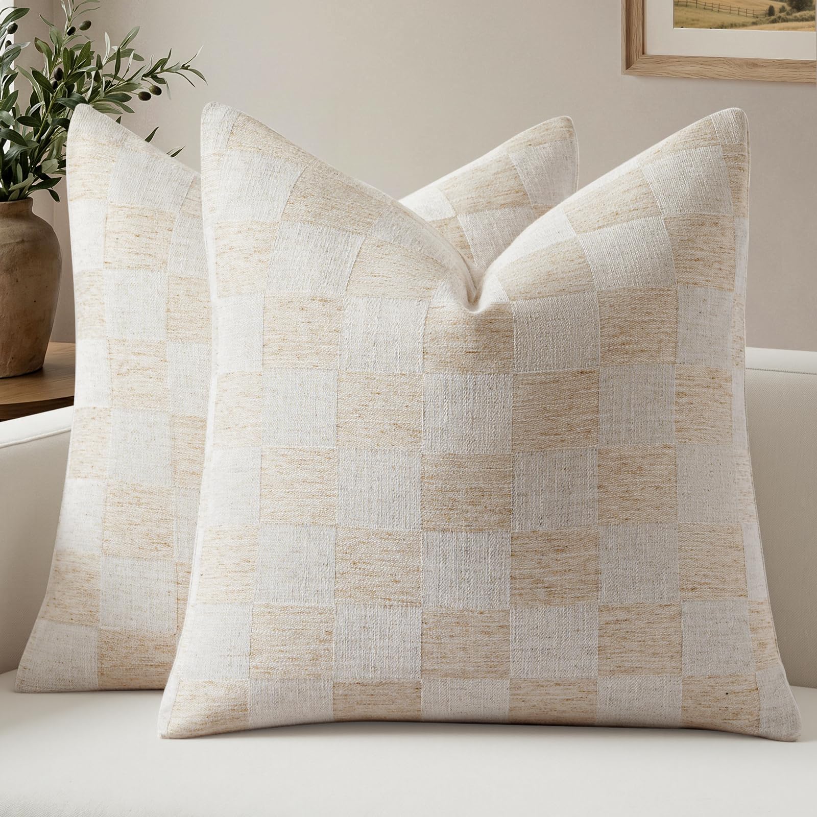 a moment Set of 2 Decorative Linen Throw Pillow Covers,Large Grid Textured Neutral Boho Farmhouse Cushion Covers,Soft Aesthetic Pillowcases for Couch Sofa Living Room Home Decor,20x20 Inch,Beige