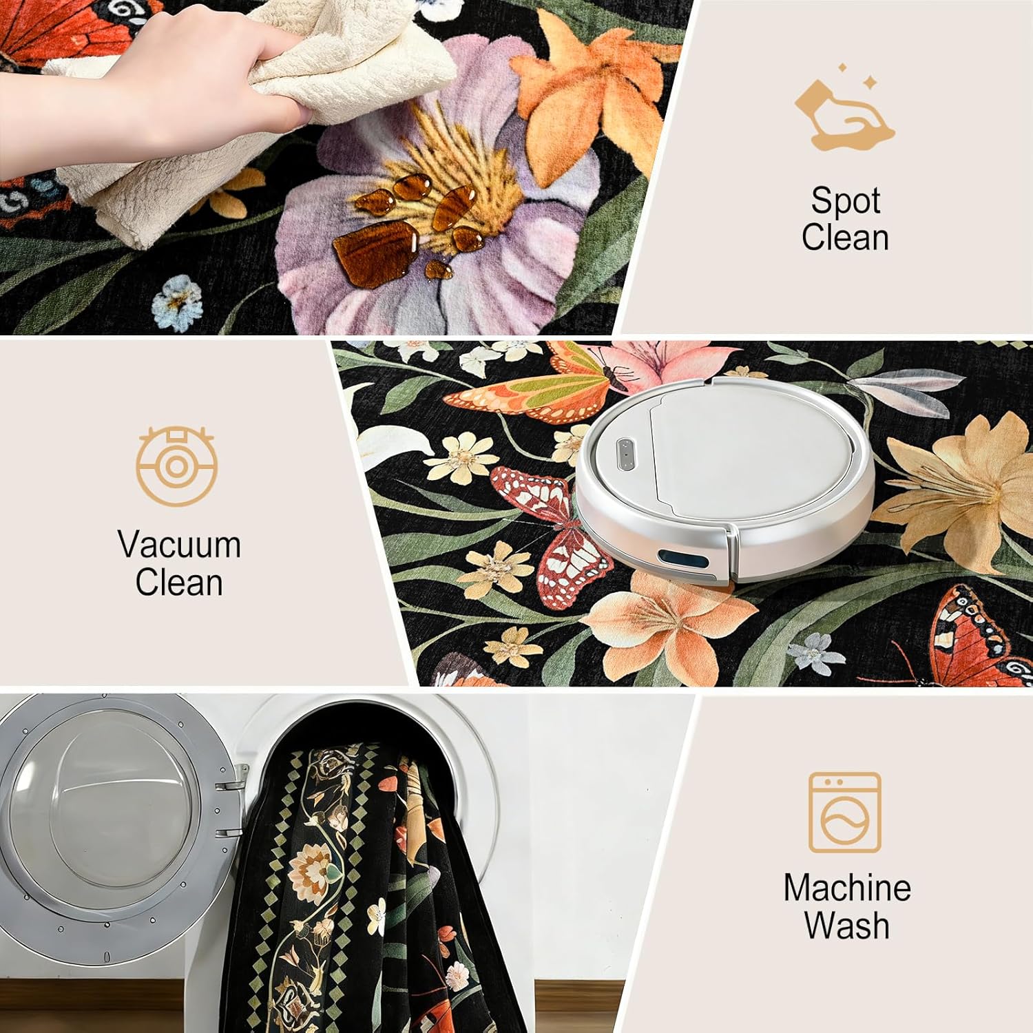2x6 Washable Runners for Hallways Non Slip, Black Floral Kitchen Runner Rug with Rubber Backing, Vintage Carpet Runner for Entryway, Kitchen, Laundry, Bedroom, Bathroom