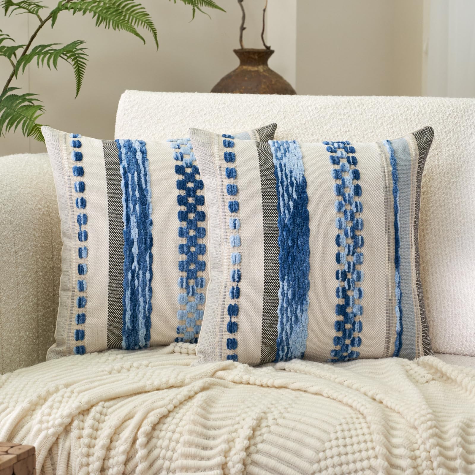 Aeckself Boho Throw Pillow Covers 18x18 Inch Set of 2, Farmhouse Decorative Striped Square Pillow Covers Chenille Tufted Pillow Cases Accent Neutral Pillowcase for Living Room Couch Bed, Orange White