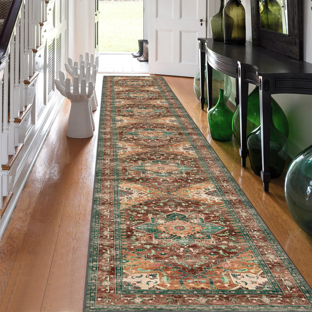 Yamaziot Washable Runner Rug, 2x8 Non-Slip Boho Vintage Hallway Rug Runner with Rubber Backing, Stain Resistant & Low Pile Faux Wool Distressed Carpet Runner for Bedroom, Kitchen, Laundry, Entrance
