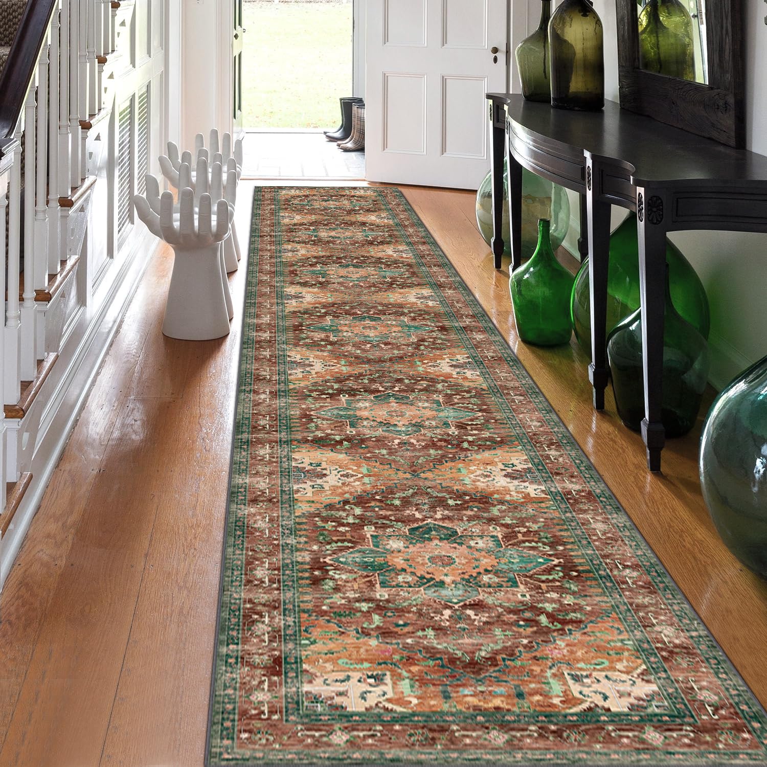Yamaziot Washable Runner Rug, 2x8 Non-Slip Boho Vintage Hallway Rug Runner with Rubber Backing, Stain Resistant & Low Pile Faux Wool Distressed Carpet Runner for Bedroom, Kitchen, Laundry, Entrance