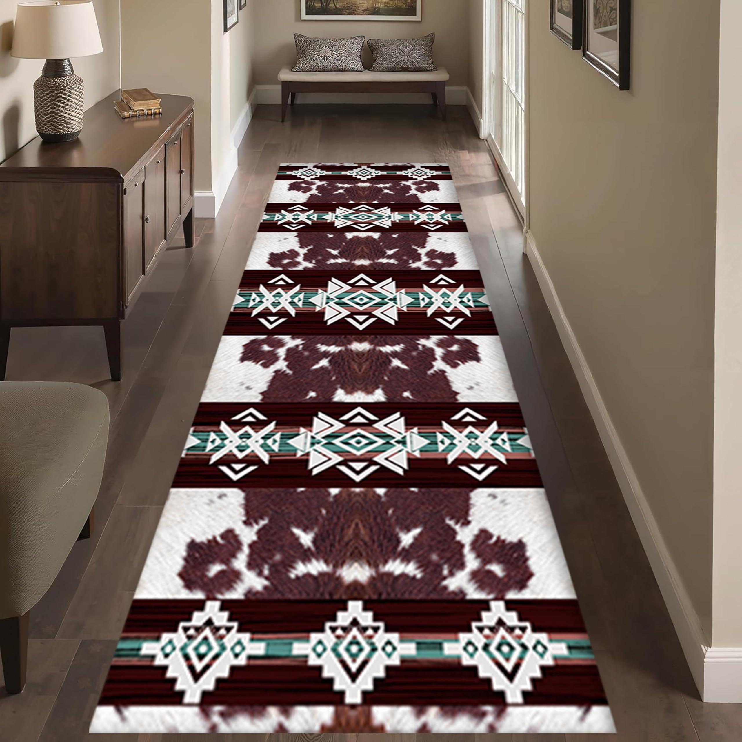 Southwestern Tribal Runner Rug, 2x6ft, Native American Ethnic Pattern Print Distressed Aztec Retro Throw Rugs, Cozy Reduce Noise Western Decor Rugs for Living Room Bedroom