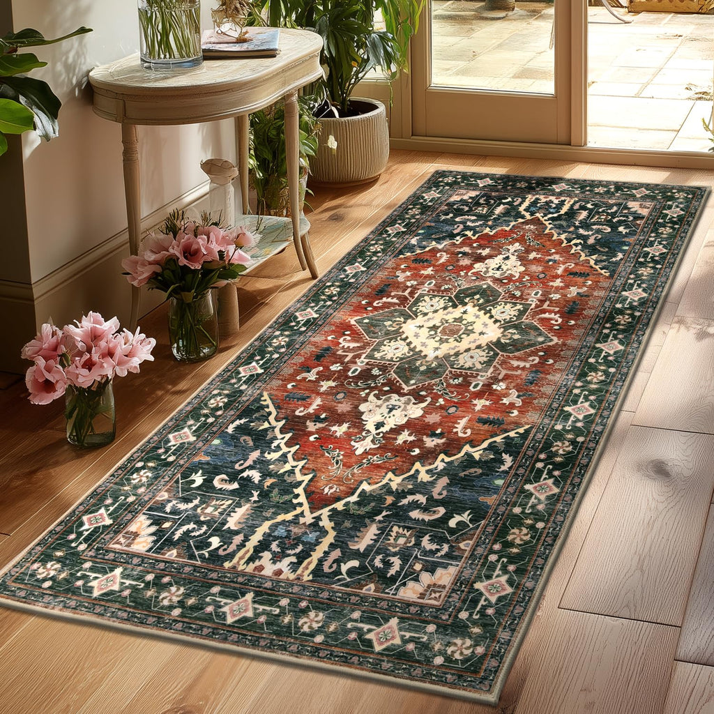 Yamaziot Washable Runner Rug, 2x8 Non-Slip Boho Vintage Hallway Rug Runner with Rubber Backing, Stain Resistant & Low Pile Faux Wool Distressed Carpet Runner for Bedroom, Kitchen, Laundry, Entrance