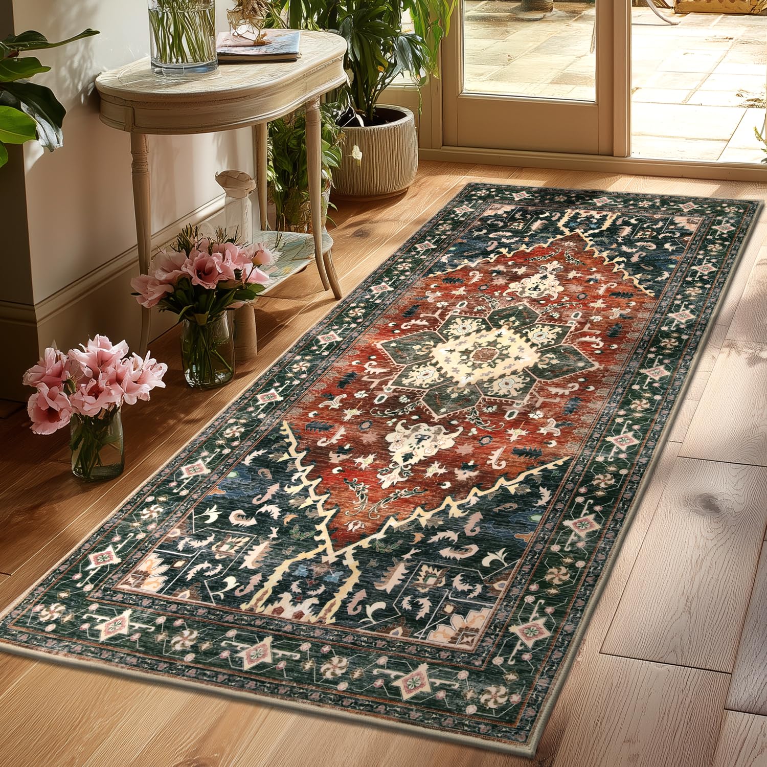 Yamaziot Washable Runner Rug, 2x8 Non-Slip Boho Vintage Hallway Rug Runner with Rubber Backing, Stain Resistant & Low Pile Faux Wool Distressed Carpet Runner for Bedroom, Kitchen, Laundry, Entrance