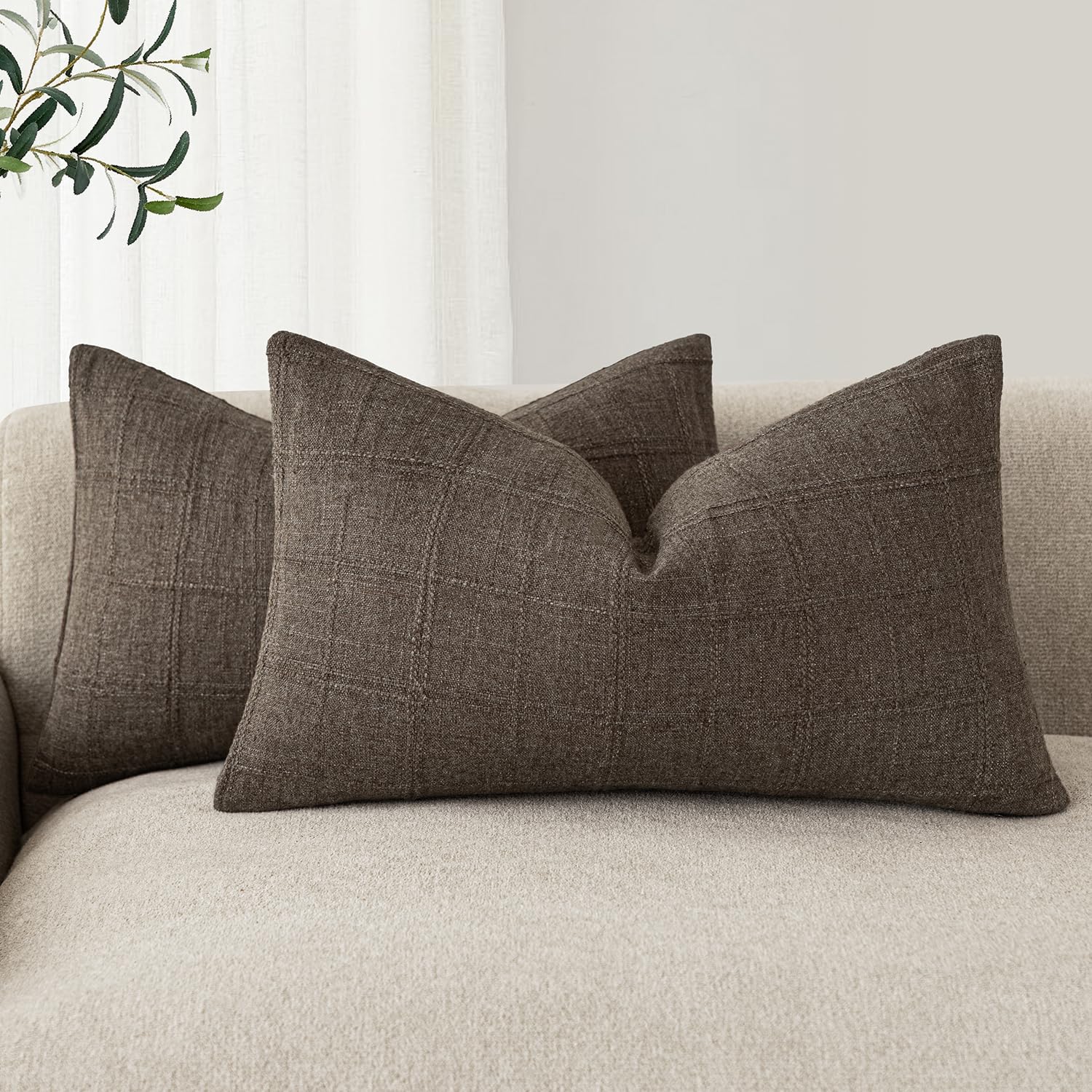 Foindtower Set of 2 Decorative Linen Check Throw Pillow Covers Neutral Farmhouse Vintage Cushion Covers Modern Boho Home Decor for Sofa Chair Couch Bedroom Living Room,18×18 Inch,Natural Beige
