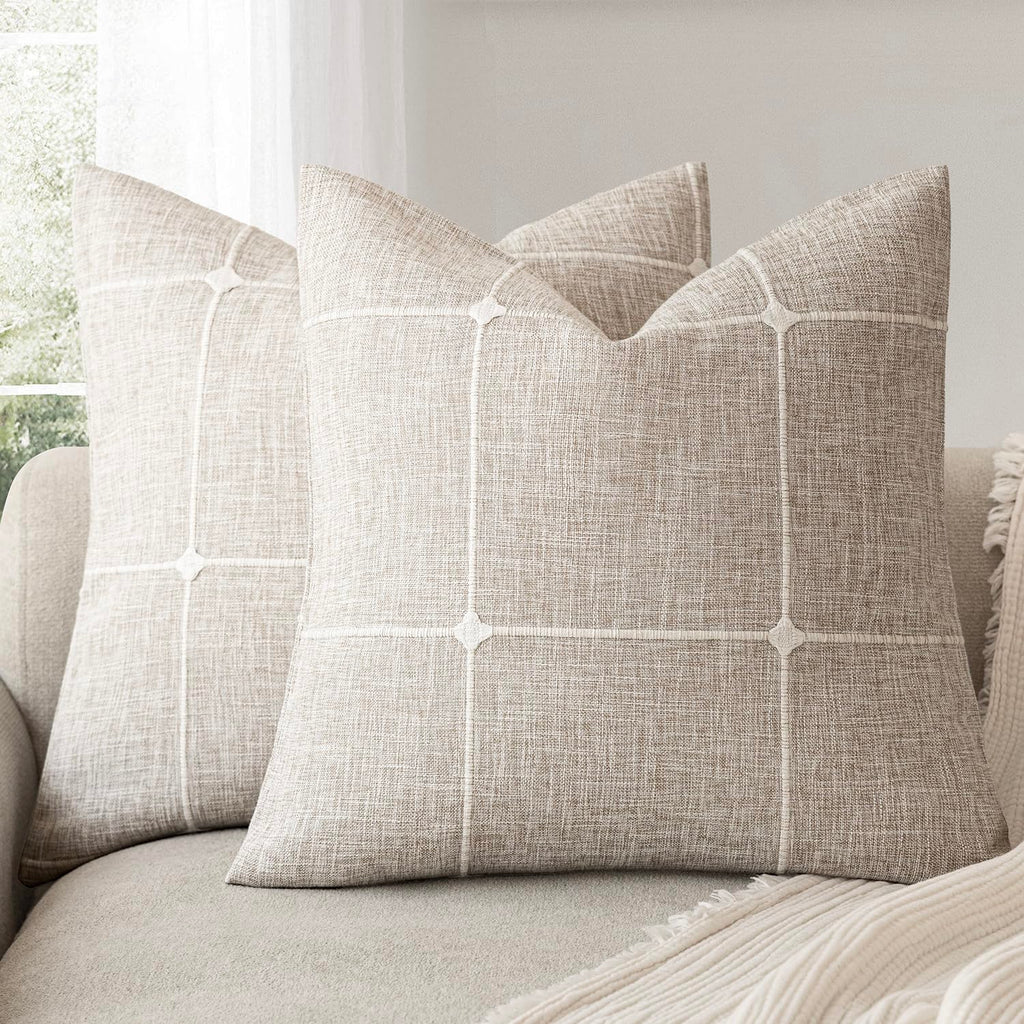 Foindtower Pack of 2 Decorative Faux Linen Jacquard Check Throw Pillow Covers Farmhouse Cushion Cover with Grid Textured Accent Pillowcase for Couch Sofa Living Room Home Decor,20×20 Inch,Olive Green