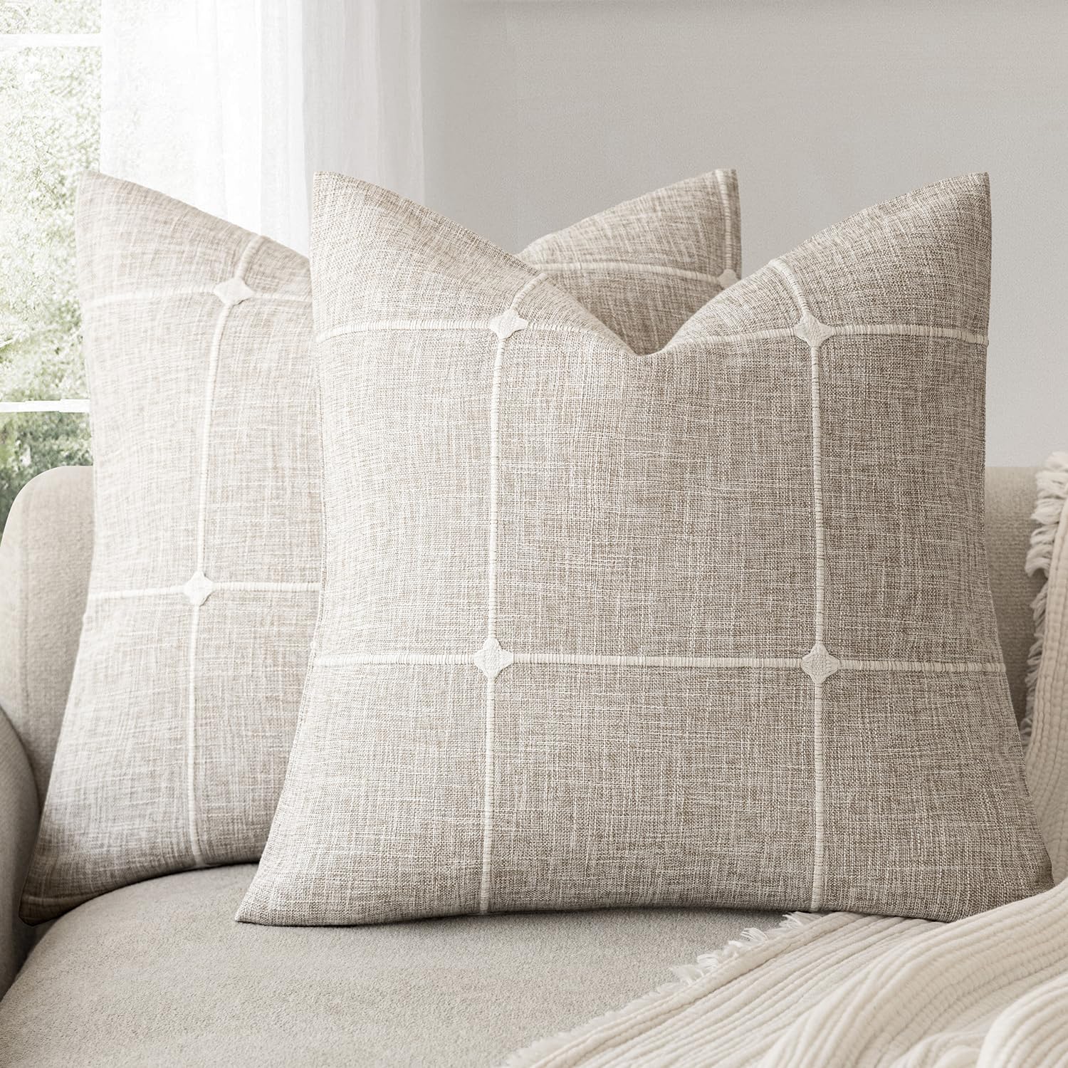 Foindtower Pack of 2 Decorative Faux Linen Jacquard Check Throw Pillow Covers Farmhouse Cushion Cover with Grid Textured Accent Pillowcase for Couch Sofa Living Room Home Decor,20×20 Inch,Olive Green
