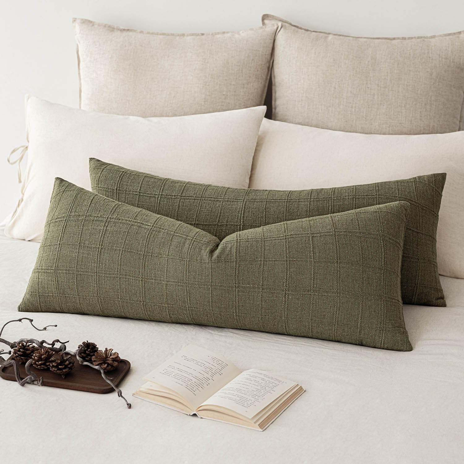 Foindtower Set of 2 Decorative Linen Check Throw Pillow Covers Neutral Farmhouse Vintage Cushion Covers Modern Boho Home Decor for Sofa Chair Couch Bedroom Living Room,18×18 Inch,Natural Beige