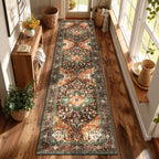 Yamaziot Washable Runner Rug, 2x8 Non-Slip Boho Vintage Hallway Rug Runner with Rubber Backing, Stain Resistant & Low Pile Faux Wool Distressed Carpet Runner for Bedroom, Kitchen, Laundry, Entrance