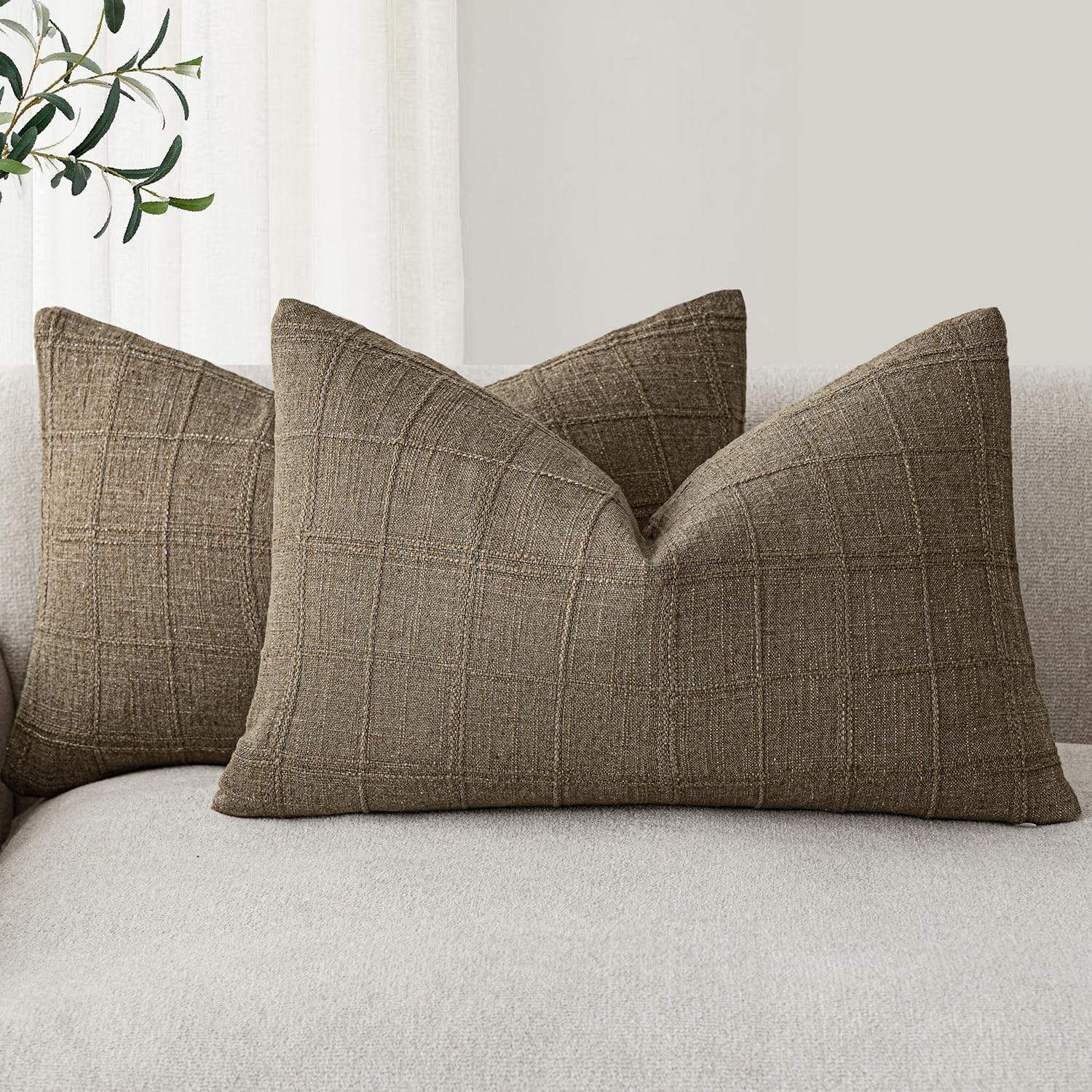 Foindtower Set of 2 Decorative Linen Check Throw Pillow Covers Neutral Farmhouse Vintage Cushion Covers Modern Boho Home Decor for Sofa Chair Couch Bedroom Living Room,18×18 Inch,Natural Beige