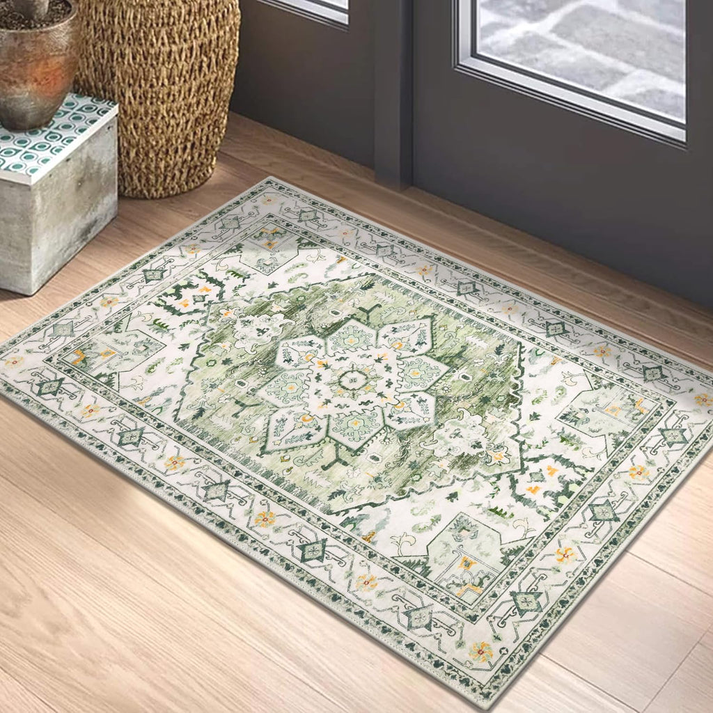 Yamaziot Washable Runner Rug, 2x8 Non-Slip Boho Vintage Hallway Rug Runner with Rubber Backing, Stain Resistant & Low Pile Faux Wool Distressed Carpet Runner for Bedroom, Kitchen, Laundry, Entrance