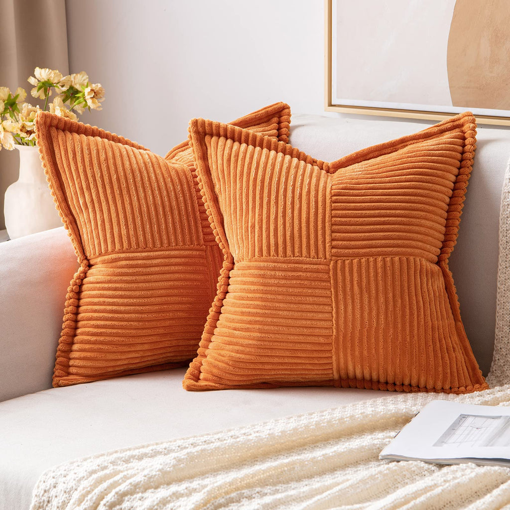 MIULEE Decorative Throw Pillow Covers for Couch Bed Livingroom 20x20 Inch Set of 2 Beige Boho Accent Throw Pllows Broadside Striped Patchwork Soft Corduroy Pillowcases