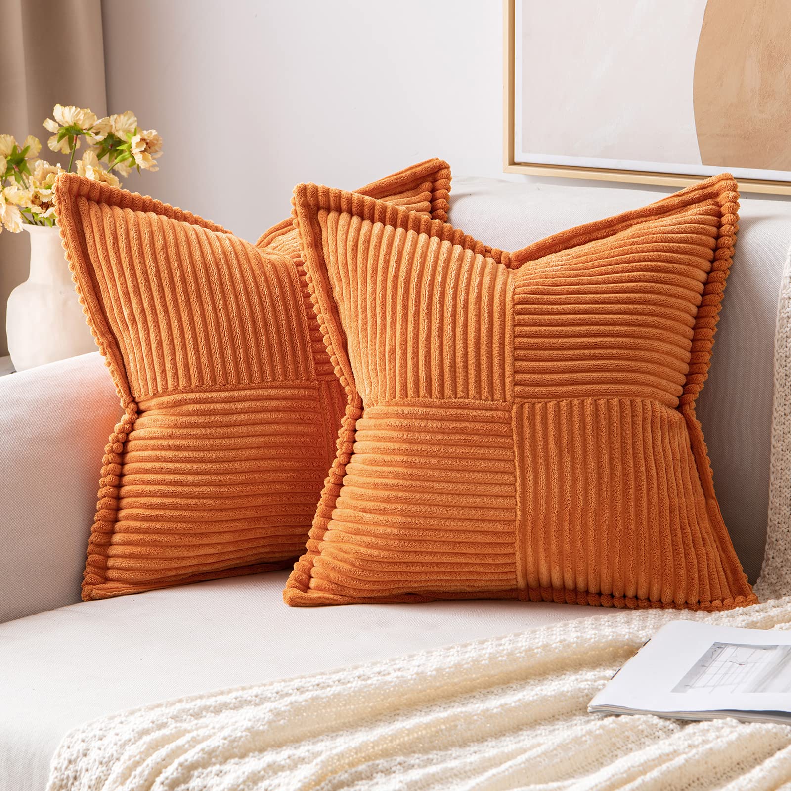 MIULEE Decorative Throw Pillow Covers for Couch Bed Livingroom 20x20 Inch Set of 2 Beige Boho Accent Throw Pllows Broadside Striped Patchwork Soft Corduroy Pillowcases