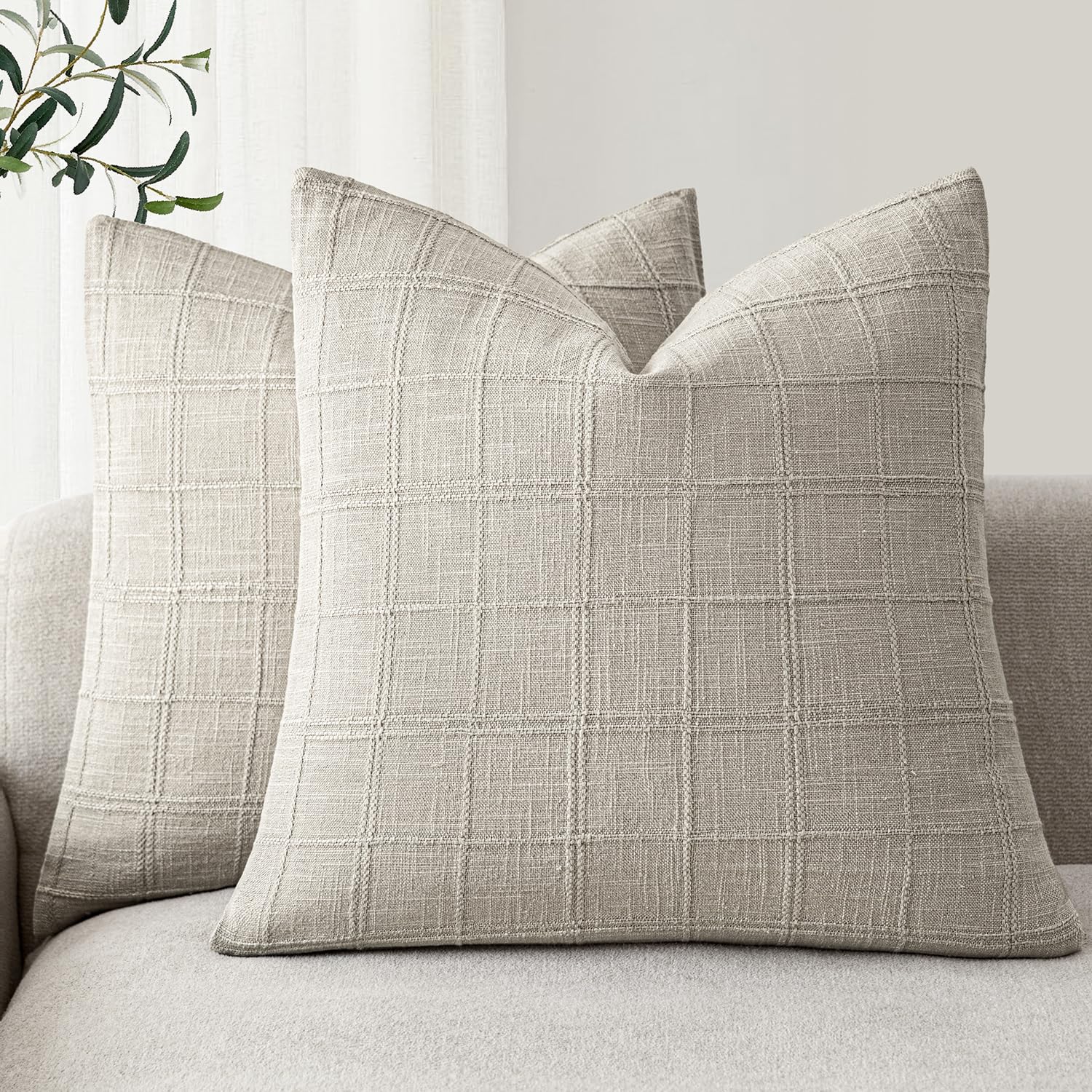 Foindtower Set of 2 Decorative Linen Check Throw Pillow Covers Neutral Farmhouse Vintage Cushion Covers Modern Boho Home Decor for Sofa Chair Couch Bedroom Living Room,18×18 Inch,Natural Beige