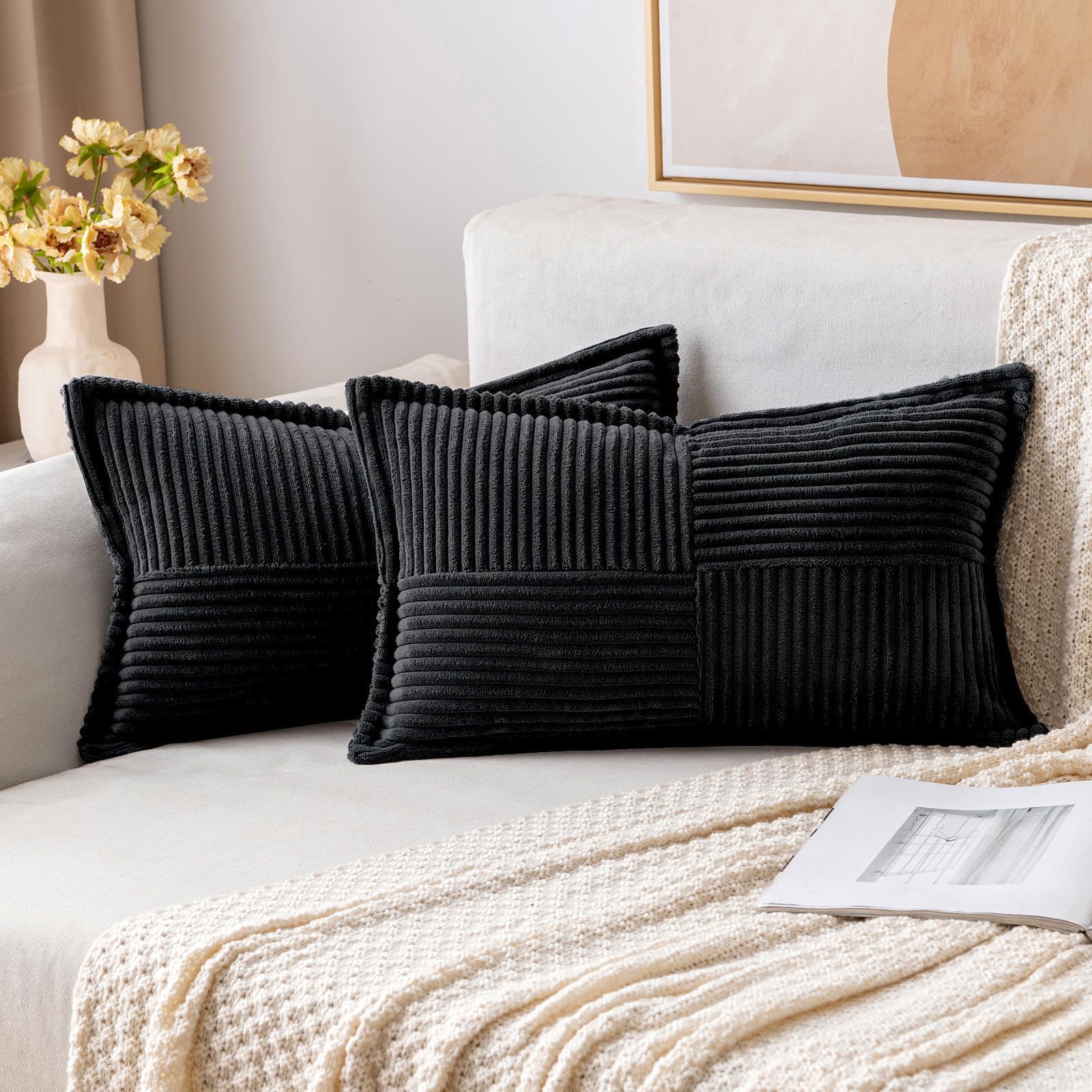 MIULEE Decorative Throw Pillow Covers for Couch Bed Livingroom 20x20 Inch Set of 2 Beige Boho Accent Throw Pllows Broadside Striped Patchwork Soft Corduroy Pillowcases