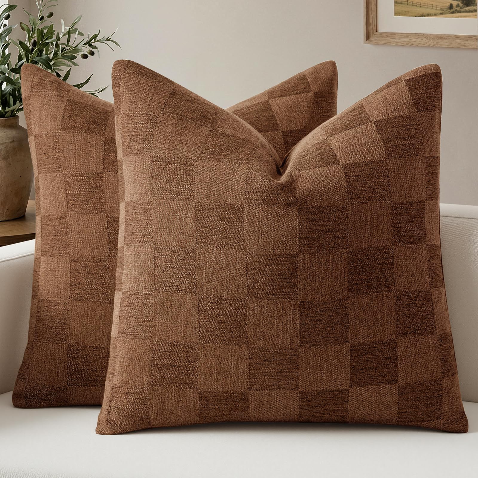 a moment Set of 2 Decorative Linen Throw Pillow Covers,Large Grid Textured Neutral Boho Farmhouse Cushion Covers,Soft Aesthetic Pillowcases for Couch Sofa Living Room Home Decor,20x20 Inch,Beige