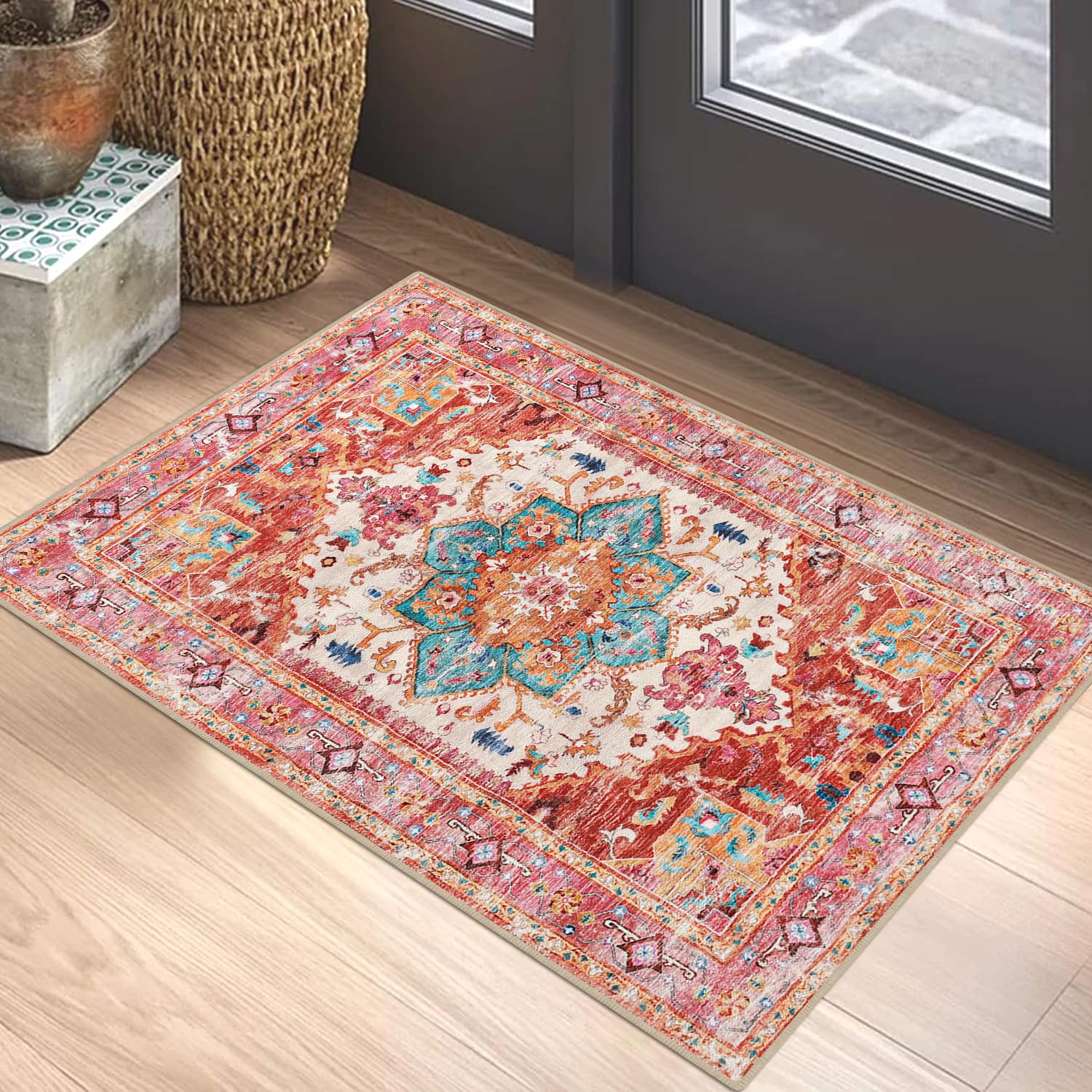 Yamaziot Washable Runner Rug, 2x8 Non-Slip Boho Vintage Hallway Rug Runner with Rubber Backing, Stain Resistant & Low Pile Faux Wool Distressed Carpet Runner for Bedroom, Kitchen, Laundry, Entrance