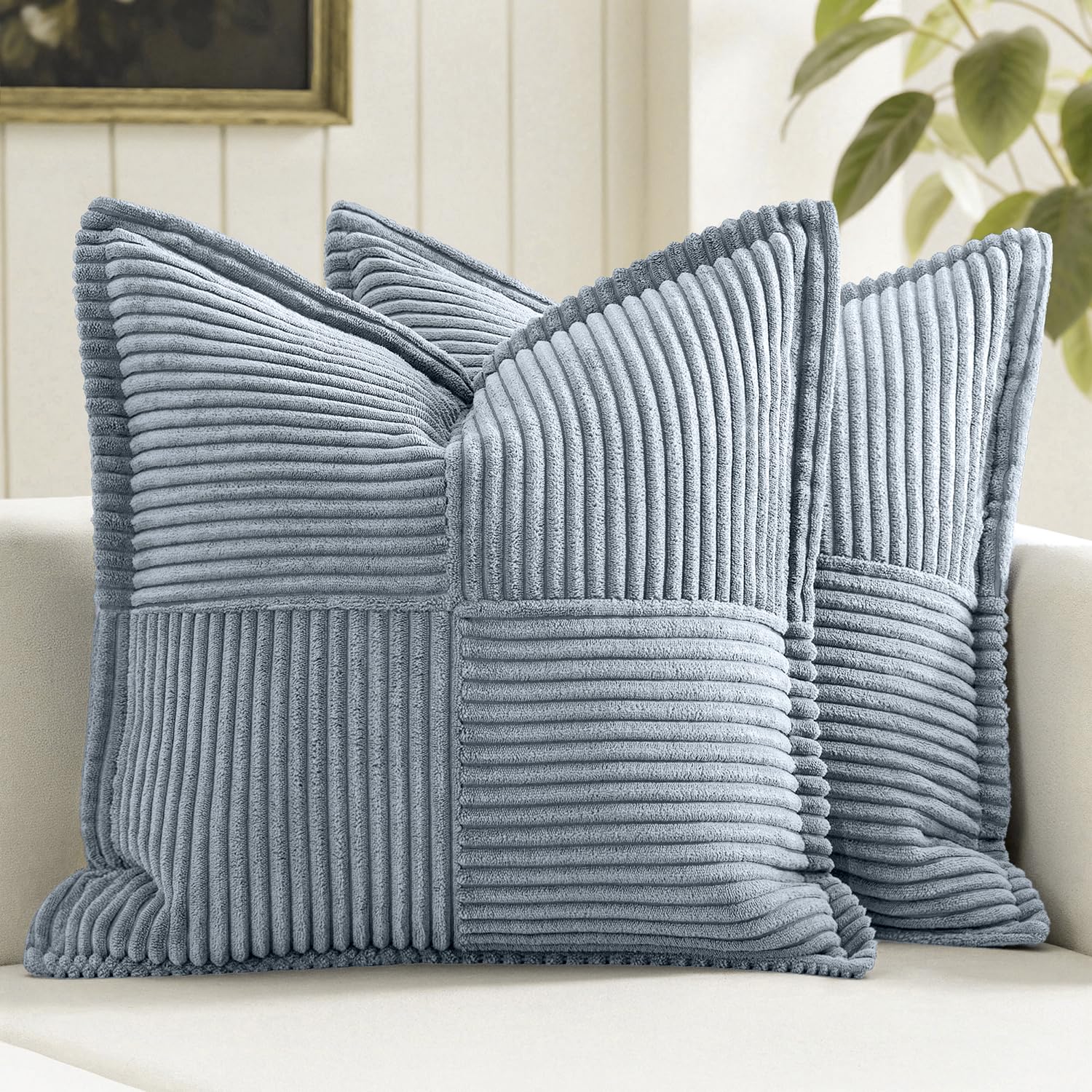 MIULEE Decorative Throw Pillow Covers for Couch Bed Livingroom 20x20 Inch Set of 2 Beige Boho Accent Throw Pllows Broadside Striped Patchwork Soft Corduroy Pillowcases