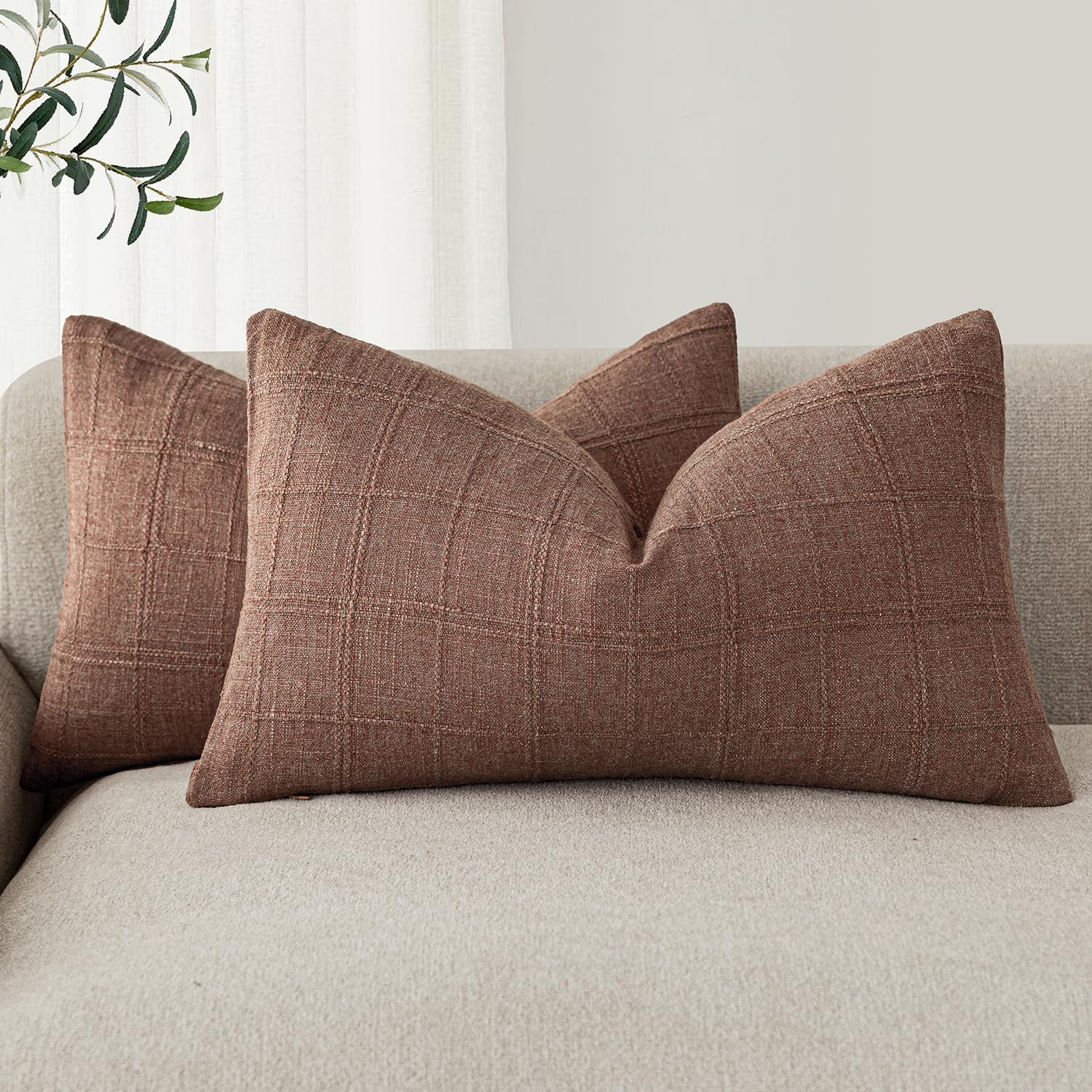 Foindtower Set of 2 Decorative Linen Check Throw Pillow Covers Neutral Farmhouse Vintage Cushion Covers Modern Boho Home Decor for Sofa Chair Couch Bedroom Living Room,18×18 Inch,Natural Beige