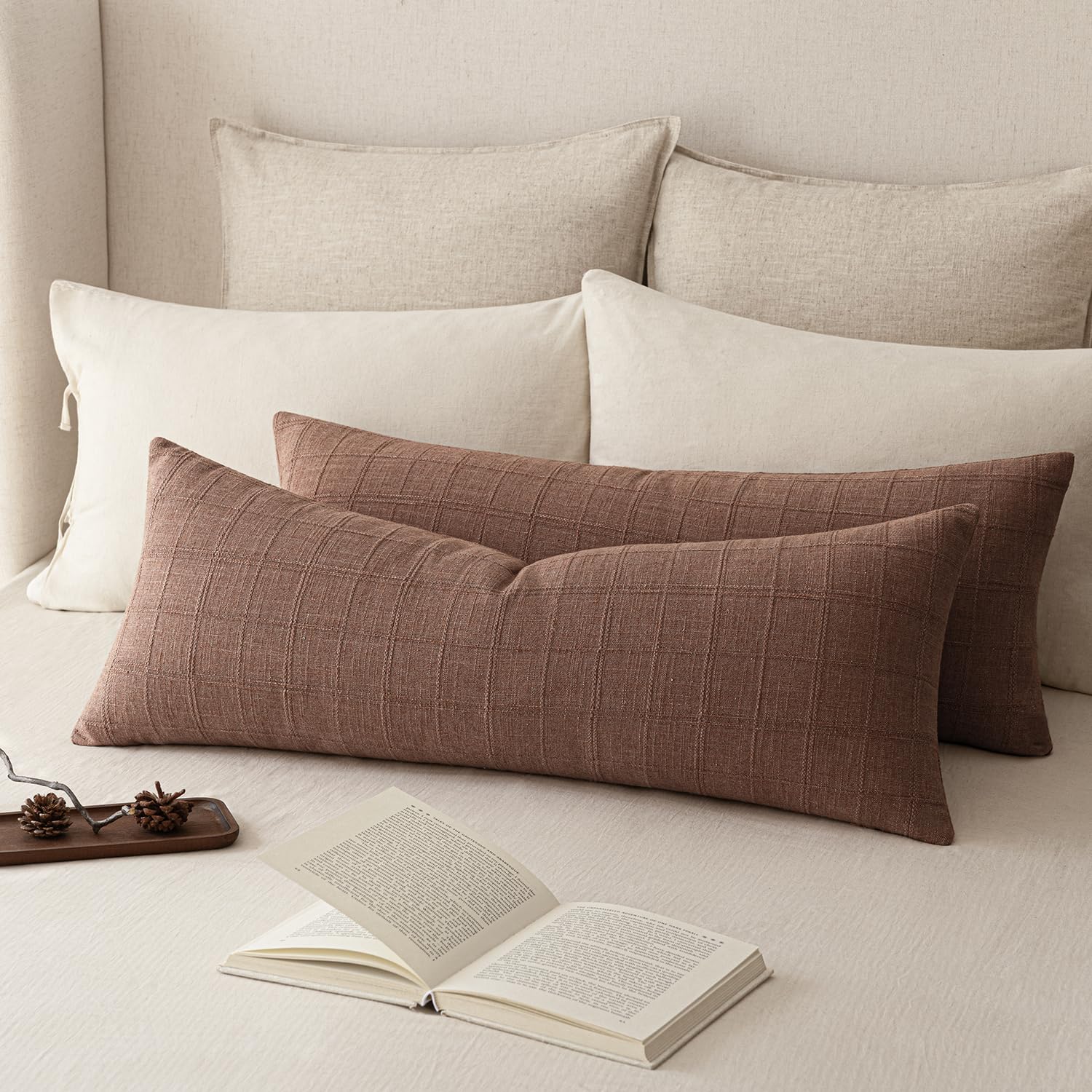 Foindtower Set of 2 Decorative Linen Check Throw Pillow Covers Neutral Farmhouse Vintage Cushion Covers Modern Boho Home Decor for Sofa Chair Couch Bedroom Living Room,18×18 Inch,Natural Beige