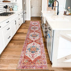 Yamaziot Washable Runner Rug, 2x8 Non-Slip Boho Vintage Hallway Rug Runner with Rubber Backing, Stain Resistant & Low Pile Faux Wool Distressed Carpet Runner for Bedroom, Kitchen, Laundry, Entrance