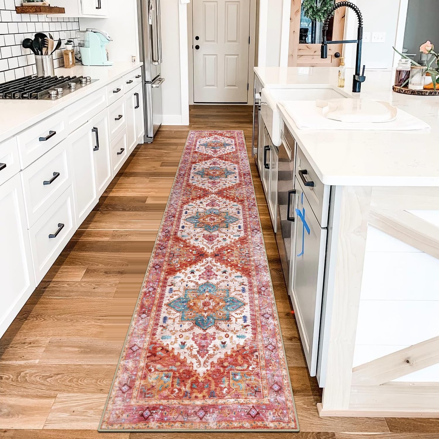 Yamaziot Washable Runner Rug, 2x8 Non-Slip Boho Vintage Hallway Rug Runner with Rubber Backing, Stain Resistant & Low Pile Faux Wool Distressed Carpet Runner for Bedroom, Kitchen, Laundry, Entrance