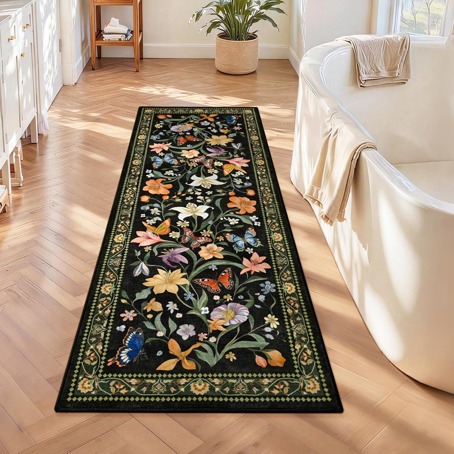 2x6 Washable Runners for Hallways Non Slip, Black Floral Kitchen Runner Rug with Rubber Backing, Vintage Carpet Runner for Entryway, Kitchen, Laundry, Bedroom, Bathroom