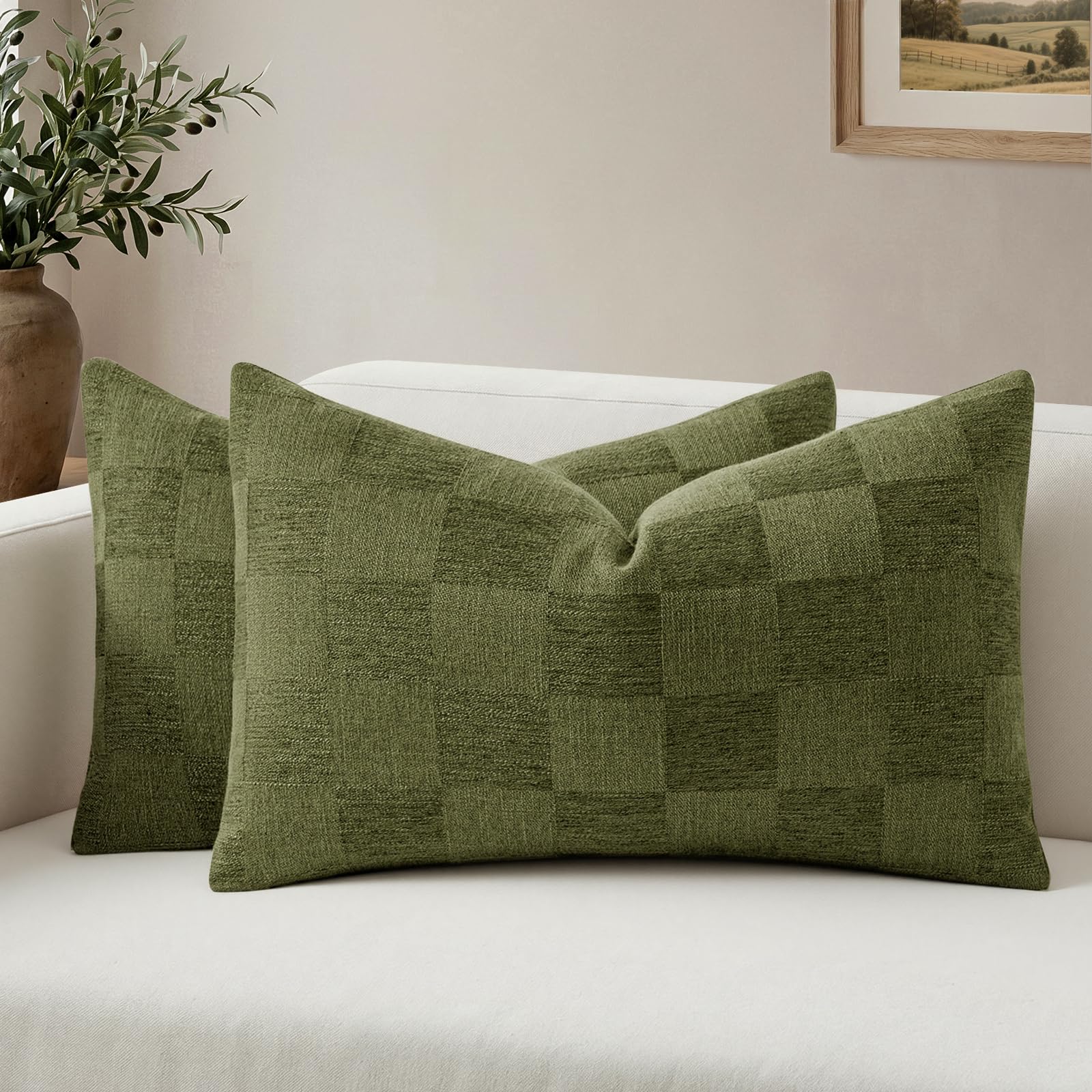 a moment Set of 2 Decorative Linen Throw Pillow Covers,Large Grid Textured Neutral Boho Farmhouse Cushion Covers,Soft Aesthetic Pillowcases for Couch Sofa Living Room Home Decor,20x20 Inch,Beige